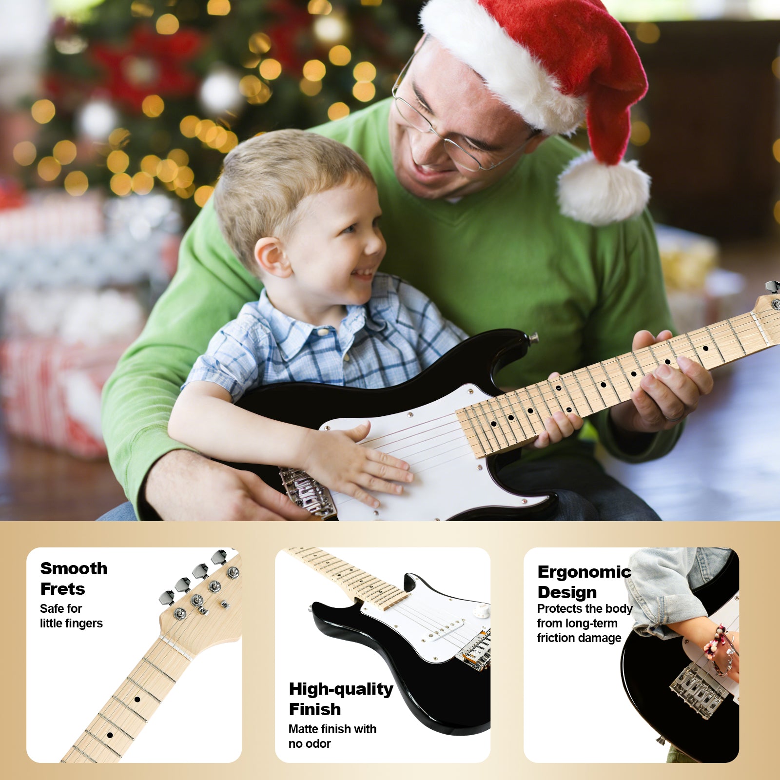 GOLDRIFF 30-inch black kids electric guitar with smooth frets and safe matte finish, designed to protect little fingers during play