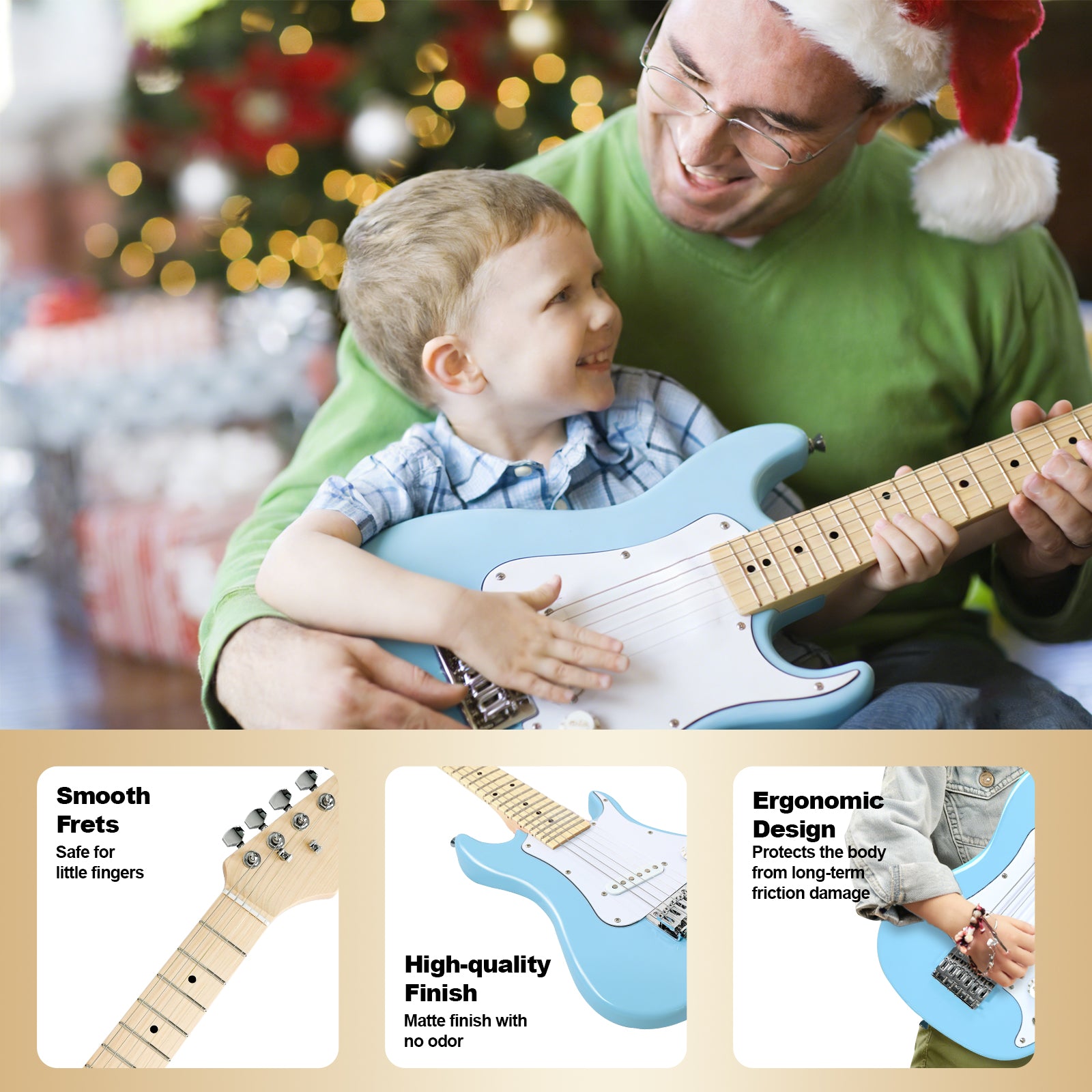 GOLDRIFF 30-inch blue kids electric guitar with smooth frets and safe matte finish, designed to protect little fingers during play
