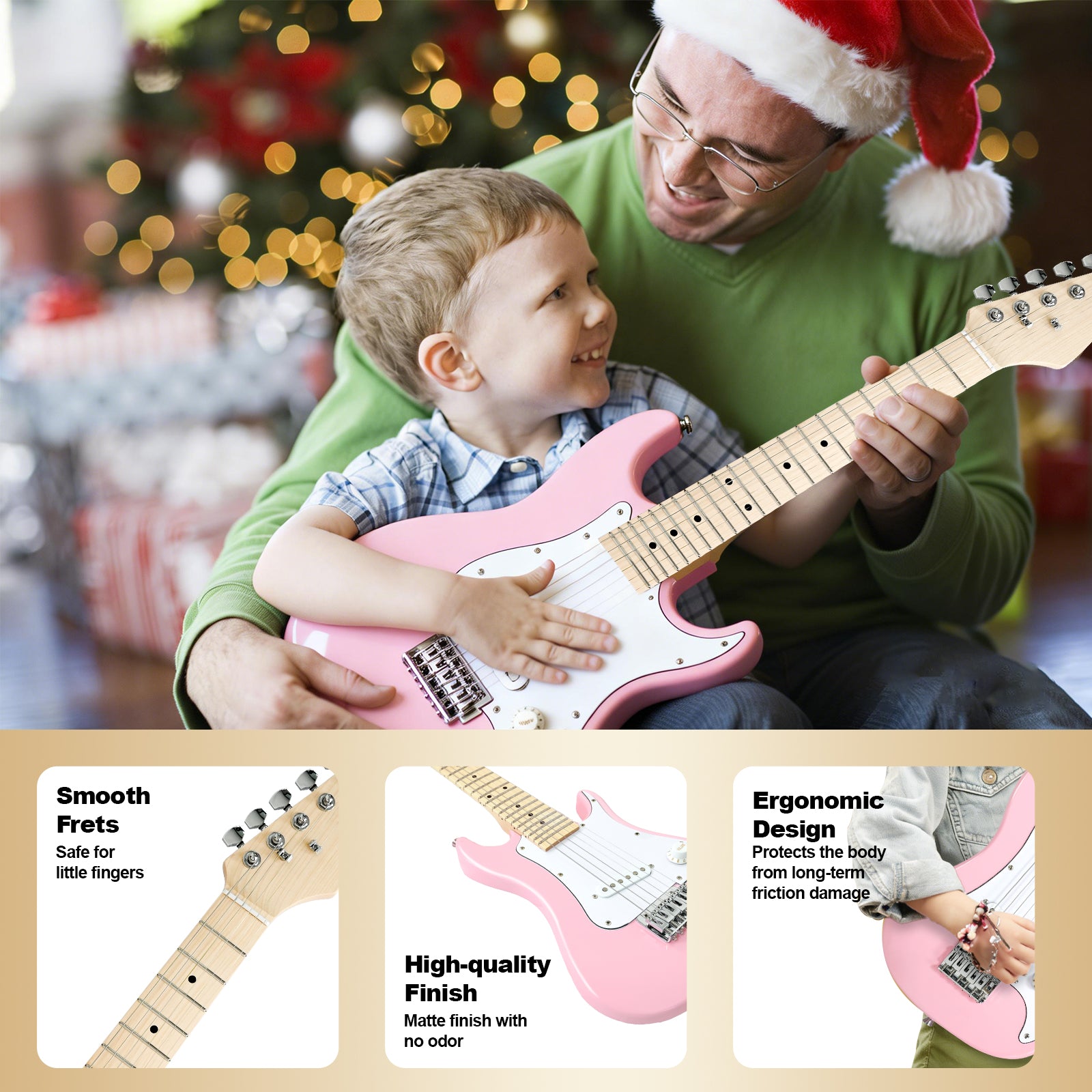 GOLDRIFF 30-inch pink kids electric guitar with smooth frets and safe matte finish, designed to protect little fingers during play
