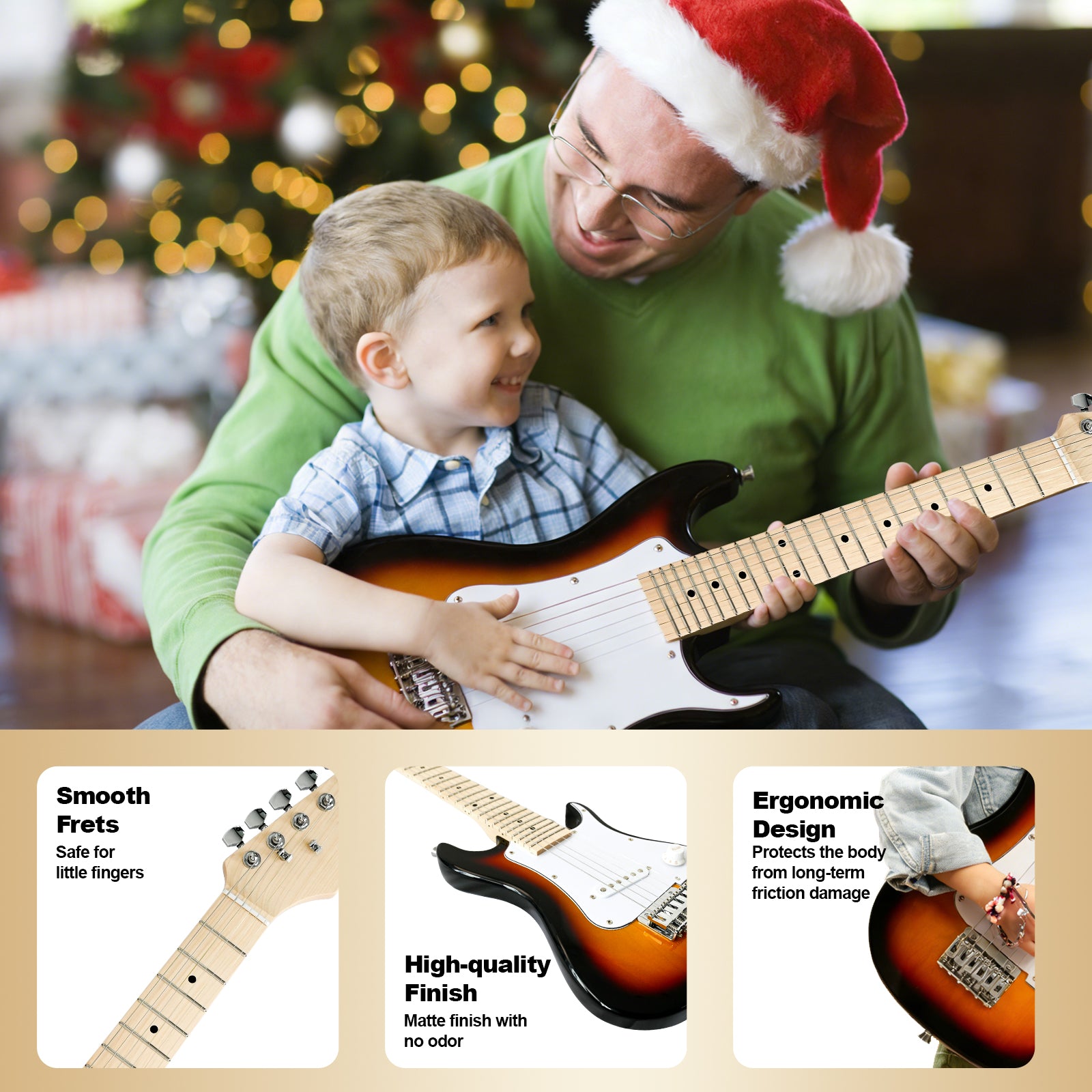 GOLDRIFF 30-inch sunburst kids electric guitar with smooth frets and safe matte finish, designed to protect little fingers during play