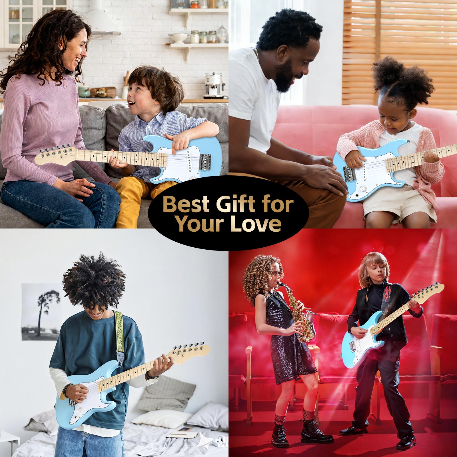 GOLDRIFF 30-inch blue kids electric guitar for gifting, stage performance and daily practice, great beginner guitar for boys and girls