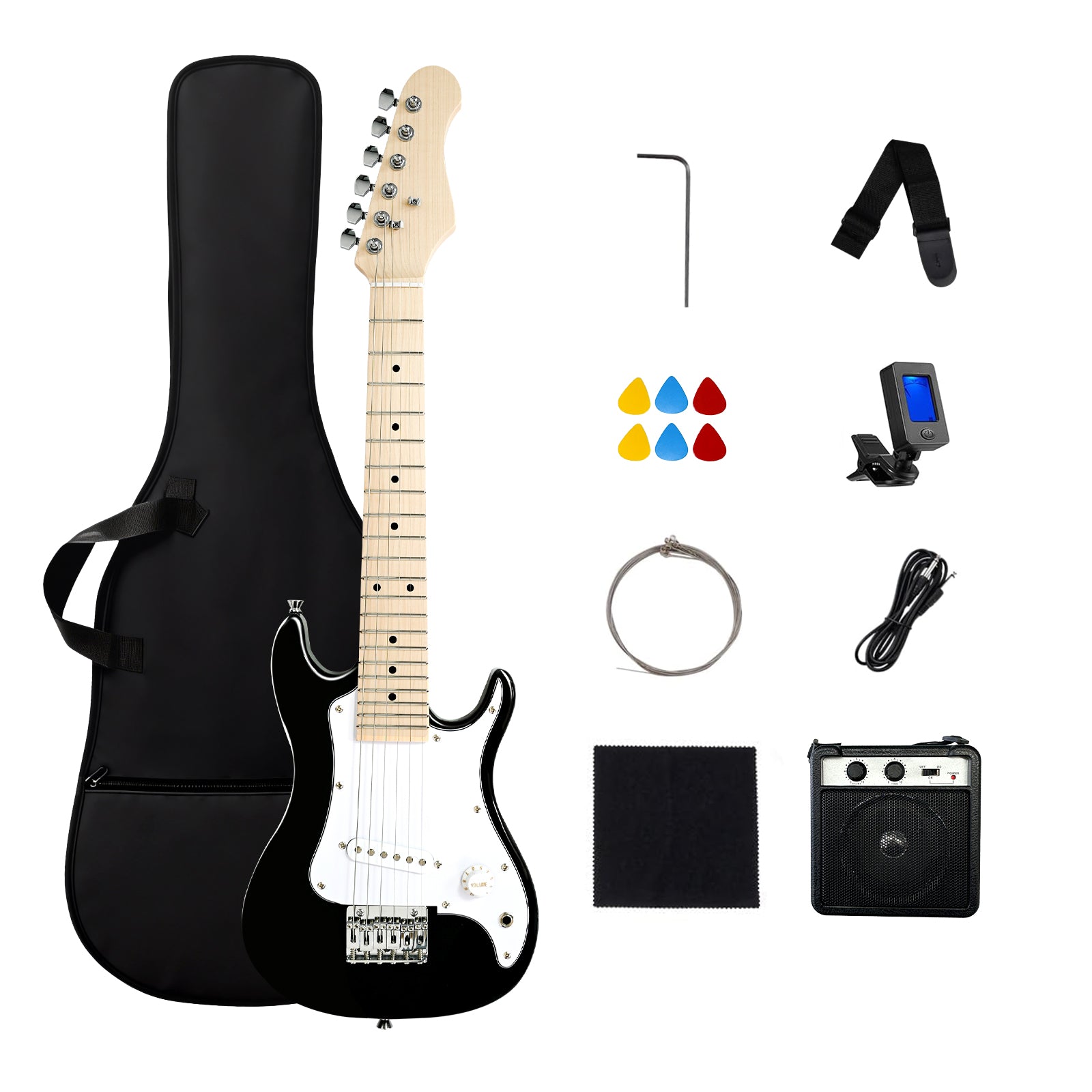 GOLDRIFF 30-inch all-in-one black kids electric guitar beginner kit with gig bag, 5W amp, digital tuner, strap, 6 picks, extra strings and cable