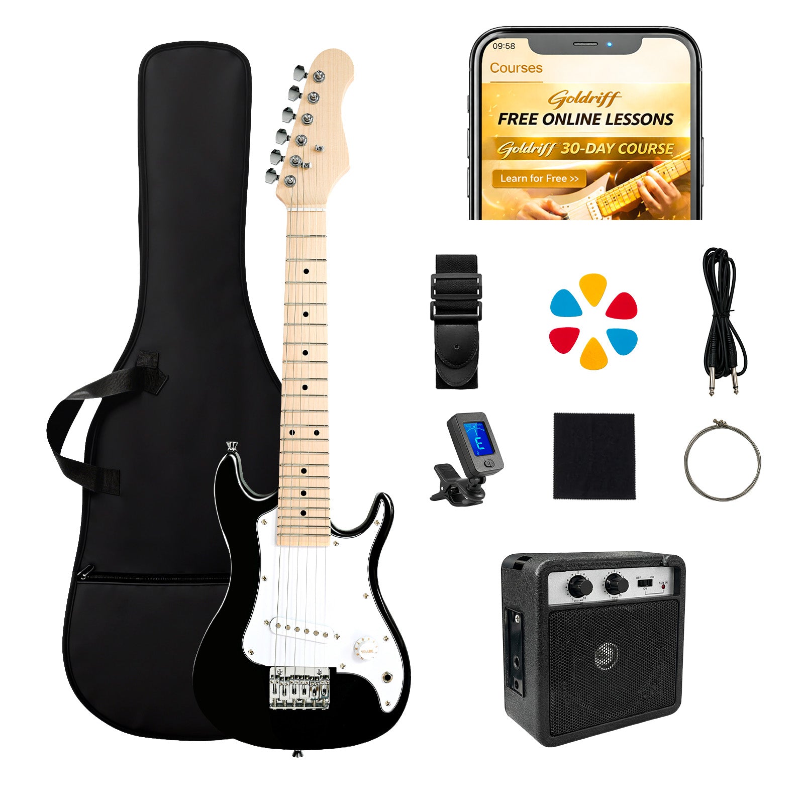 GOLDRIFF 30-inch all-in-one black kids electric guitar beginner kit with gig bag, 5W amp, digital tuner, strap, 6 picks, extra strings and cable