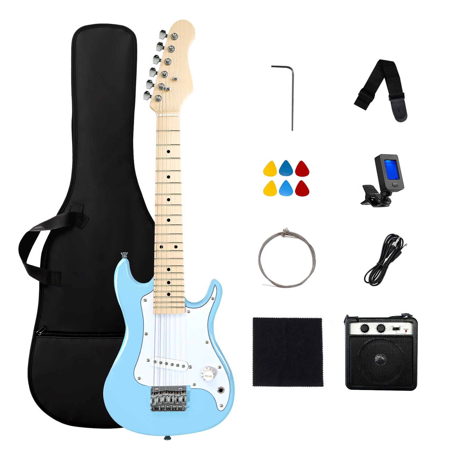 GOLDRIFF 30-inch all-in-one blue kids electric guitar beginner kit with gig bag, 5W amp, digital tuner, strap, 6 picks, extra strings and cable