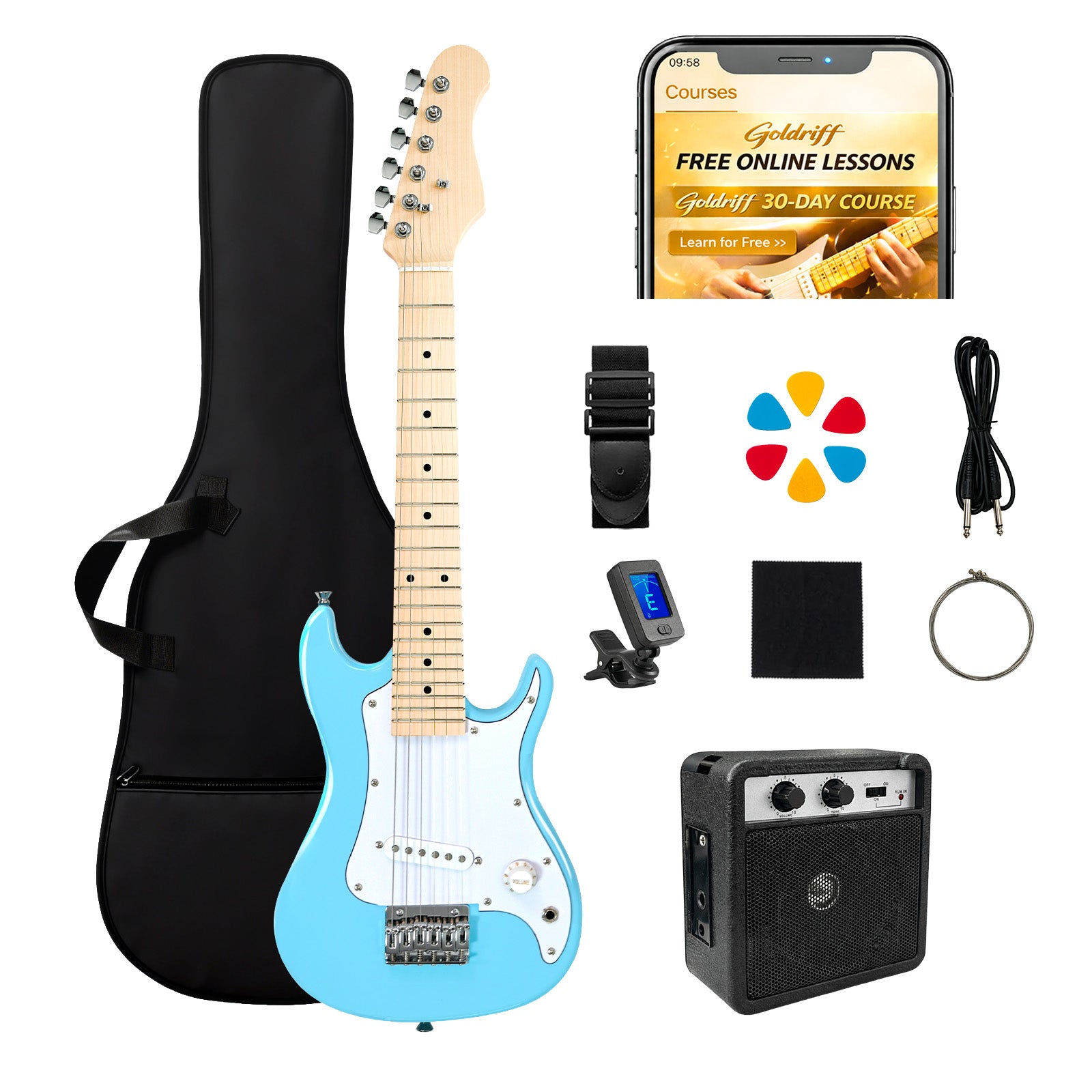 GOLDRIFF 30-inch all-in-one blue kids electric guitar beginner kit with gig bag, 5W amp, digital tuner, strap, 6 picks, extra strings and cable