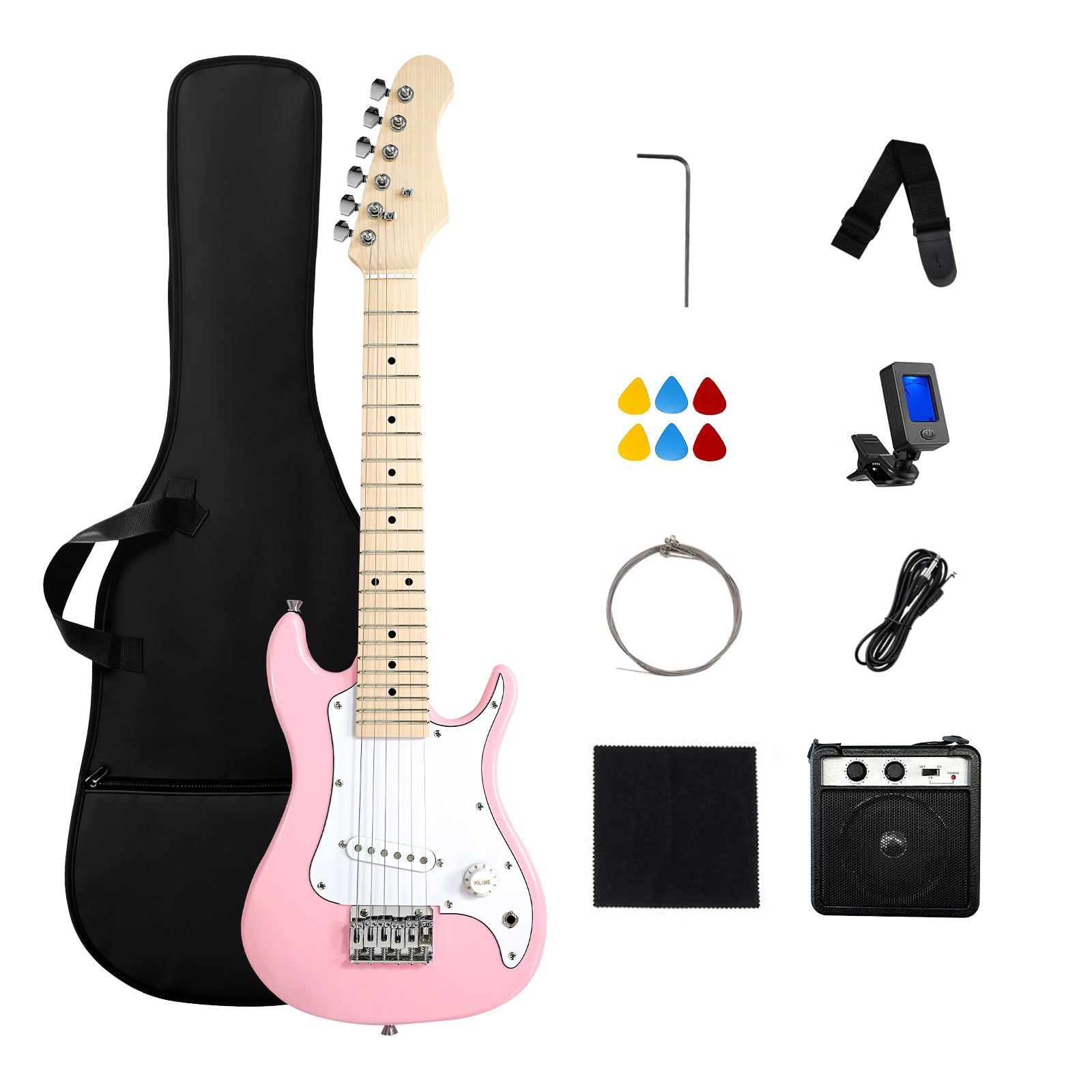 GOLDRIFF 30-inch all-in-one pink kids electric guitar beginner kit with gig bag, 5W amp, digital tuner, strap, 6 picks, extra strings and cable