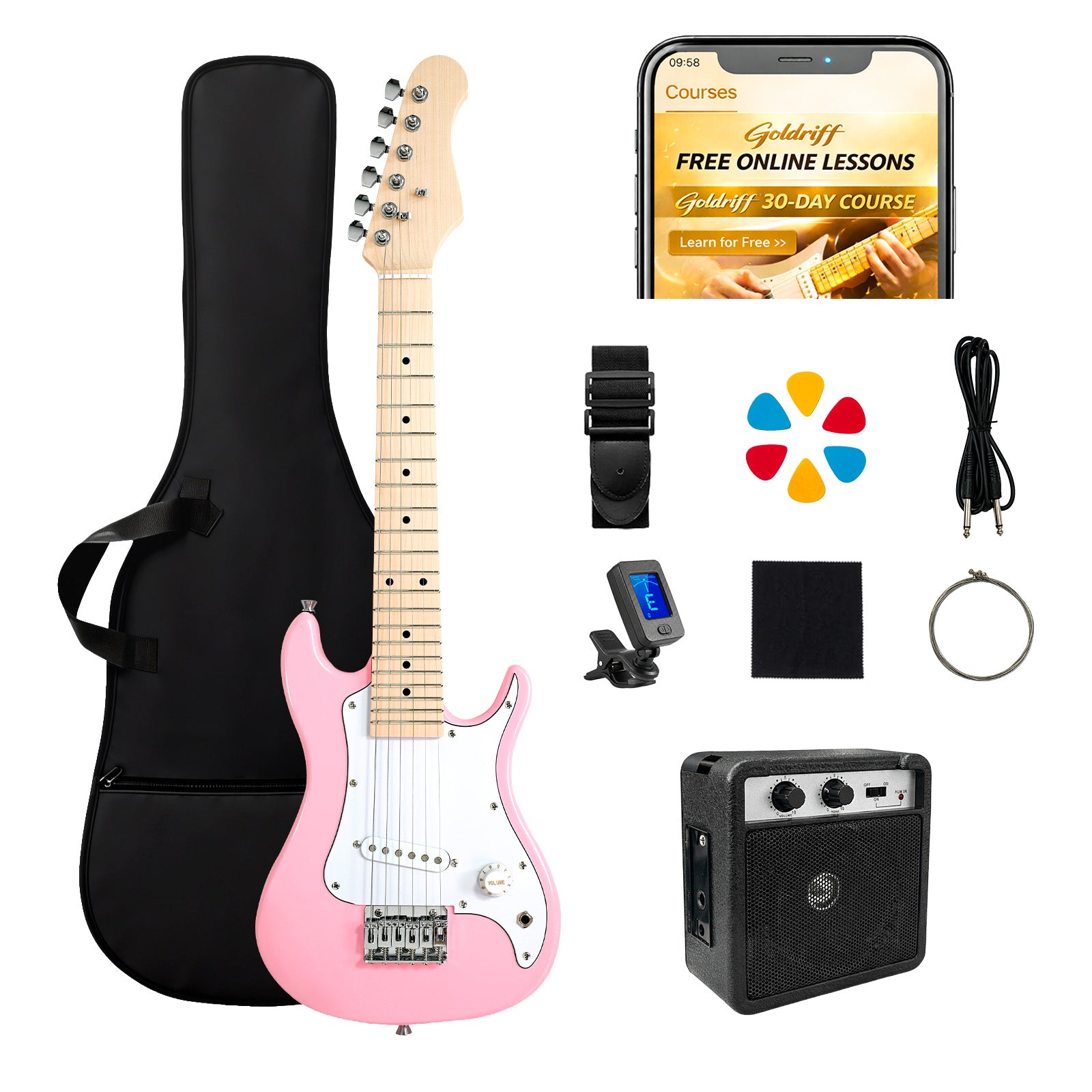 GOLDRIFF 30-inch all-in-one pink kids electric guitar beginner kit with gig bag, 5W amp, digital tuner, strap, 6 picks, extra strings and cable