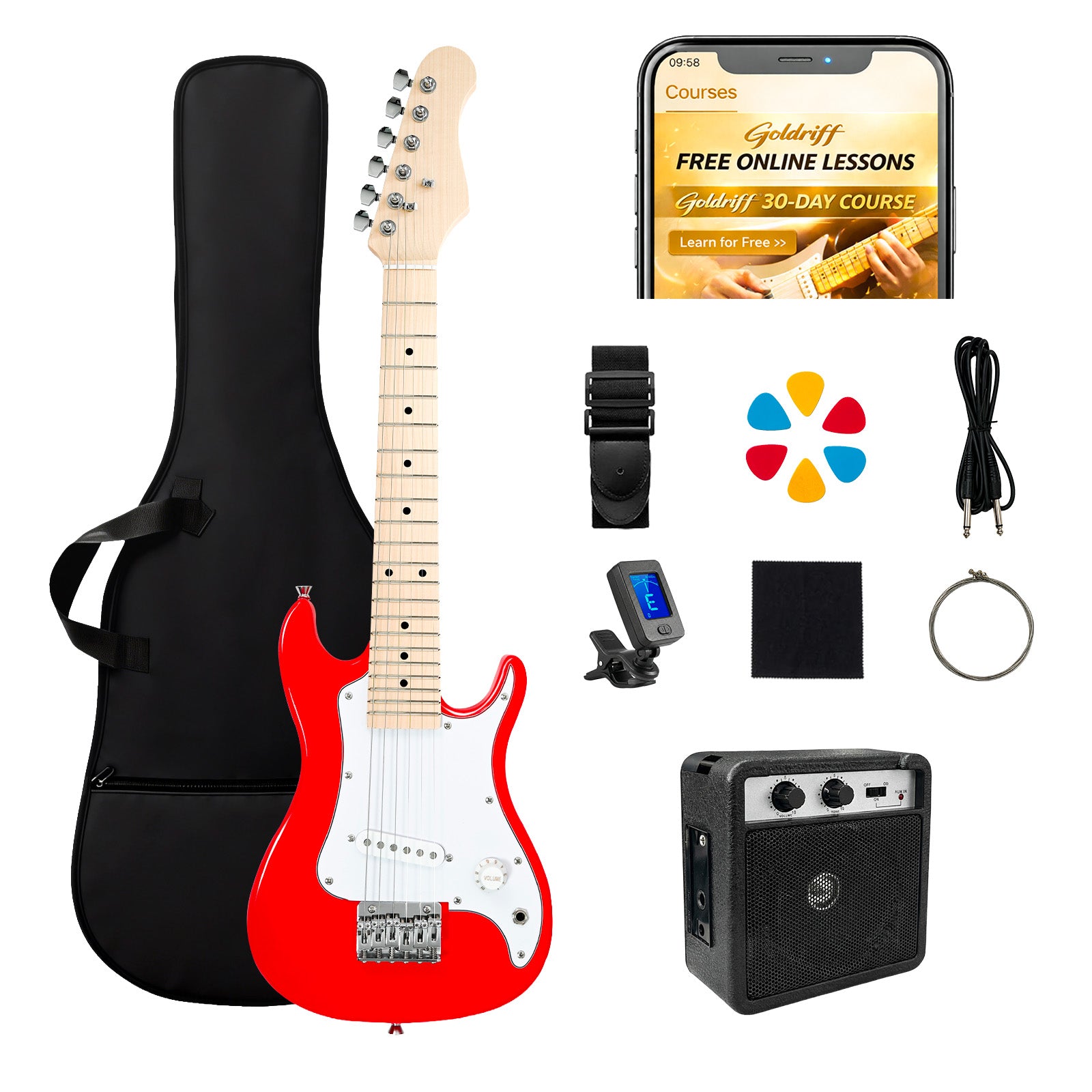 GOLDRIFF 30-inch all-in-one red kids electric guitar beginner kit with gig bag, 5W amp, digital tuner, strap, 6 picks, extra strings and cable#color_Red