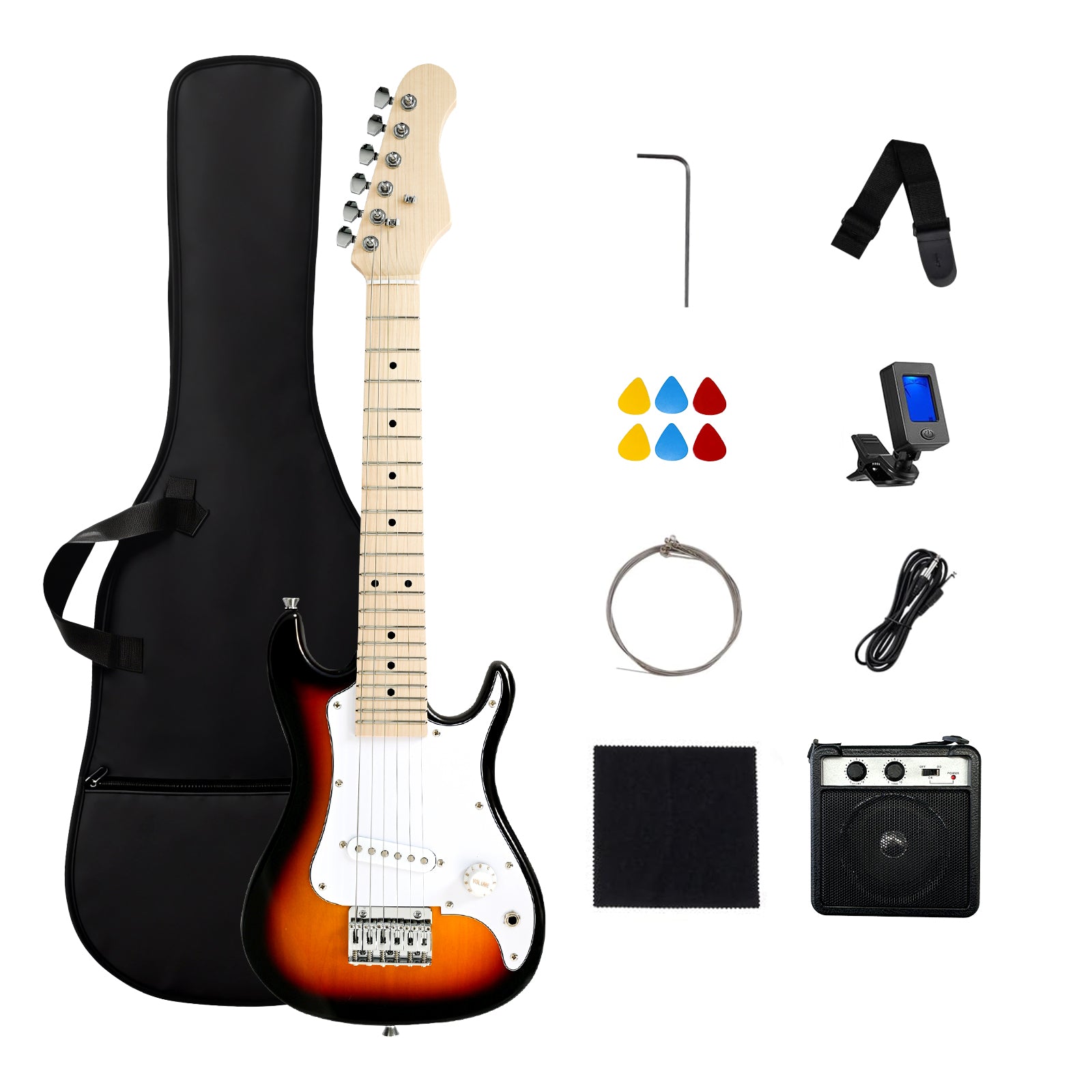GOLDRIFF 30-inch all-in-one sunburst kids electric guitar beginner kit with gig bag, 5W amp, digital tuner, strap, 6 picks, extra strings and cable