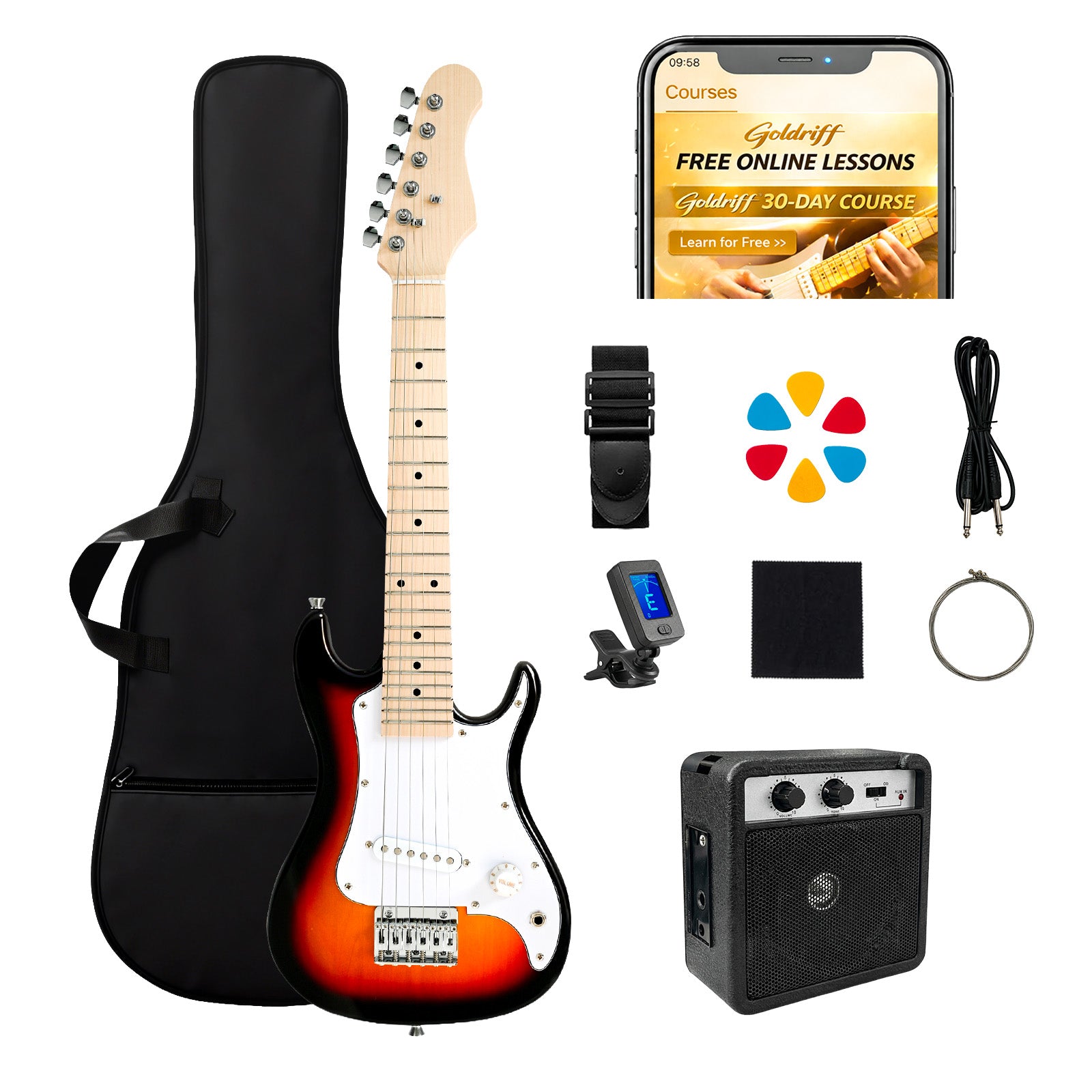 GOLDRIFF 30-inch all-in-one sunburst kids electric guitar beginner kit with gig bag, 5W amp, digital tuner, strap, 6 picks, extra strings and cable