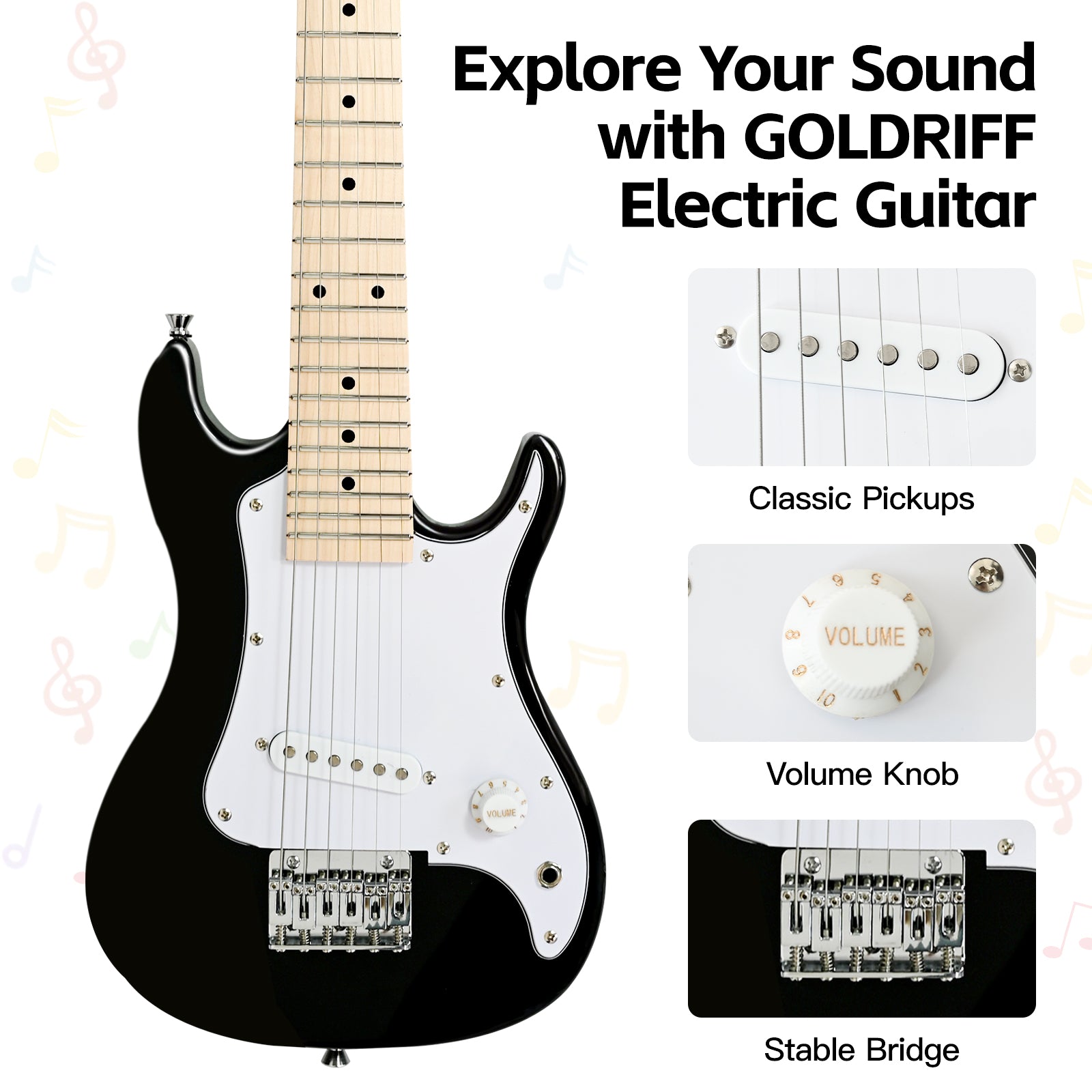 GOLDRIFF 30-inch black mini electric guitar featuring single-coil classic pickups, volume knob and stable bridge for beginner kids