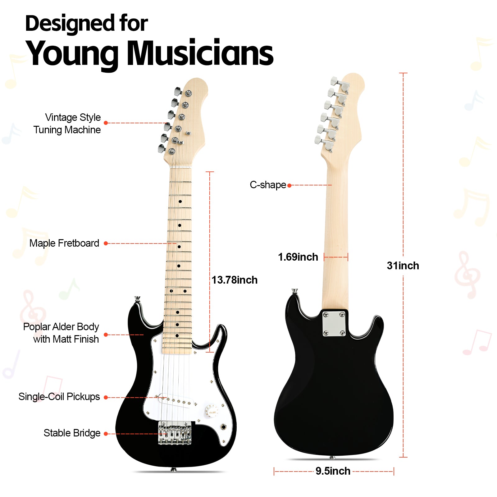 GOLDRIFF 30-inch black kids electric guitar specs: poplar alder body with matt finish, maple fretboard, single-coil pickups, 31-inch total length