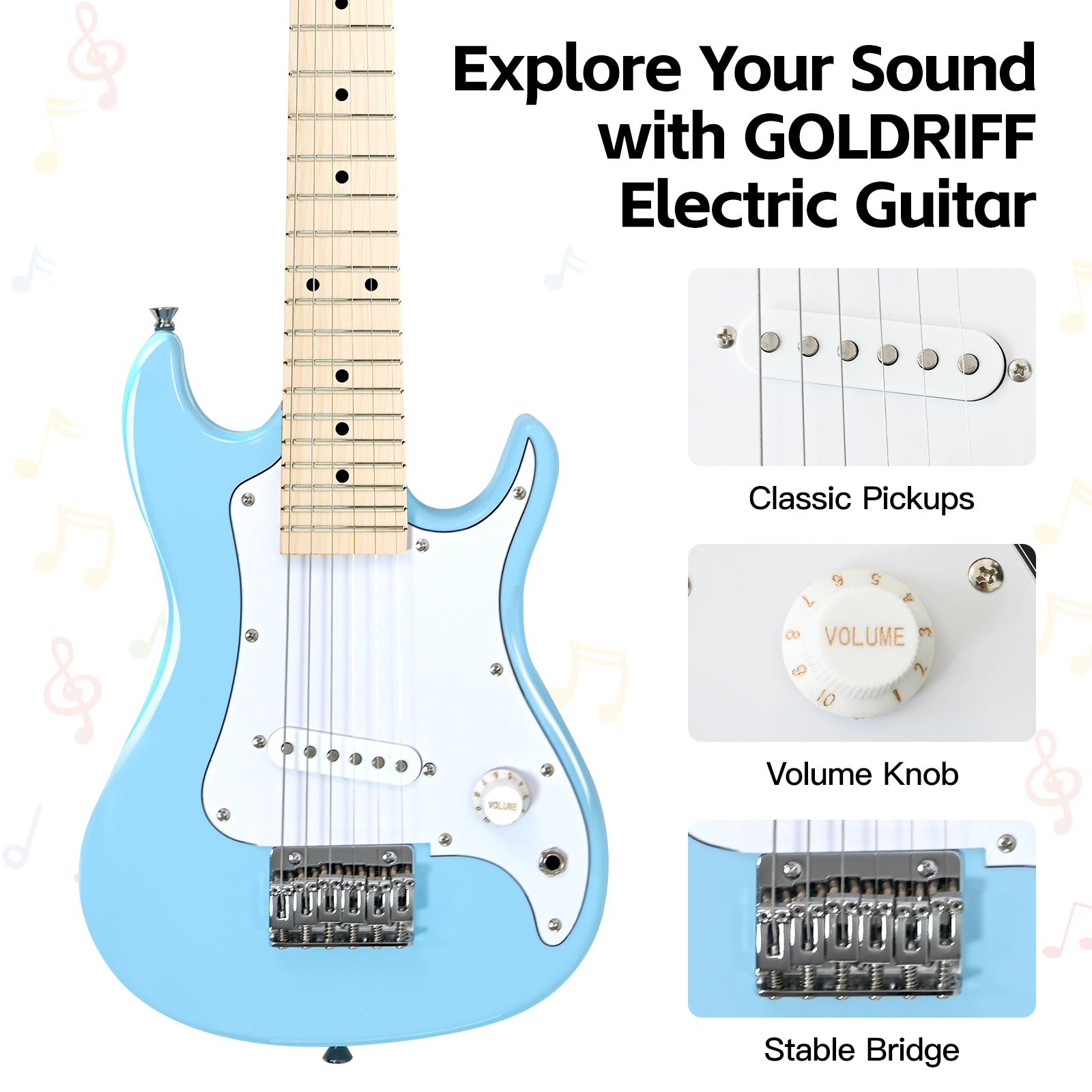 GOLDRIFF 30-inch blue mini electric guitar featuring single-coil classic pickups, volume knob and stable bridge for beginner kids