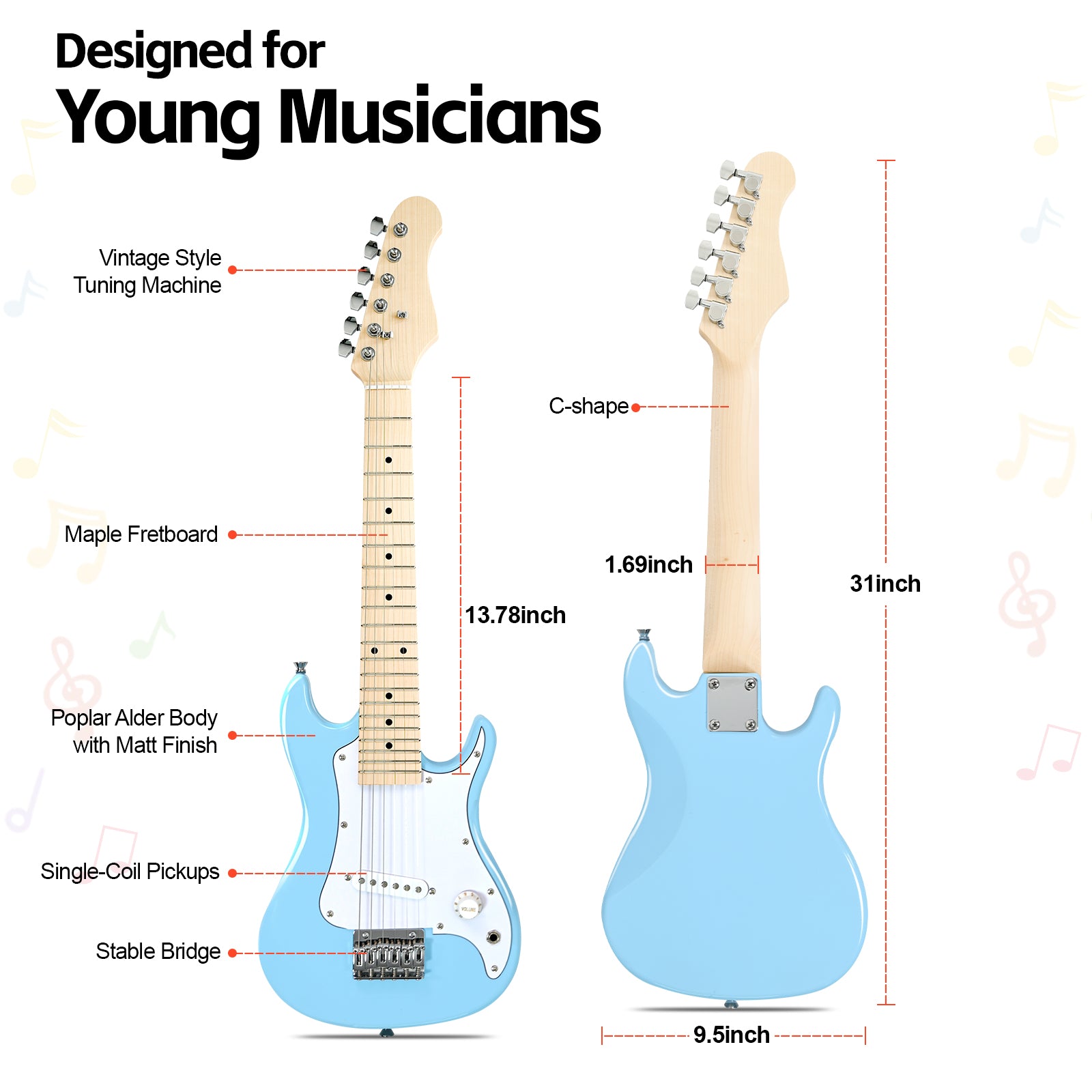 GOLDRIFF 30-inch blue kids electric guitar specs: poplar alder body with matt finish, maple fretboard, single-coil pickups, 31-inch total length