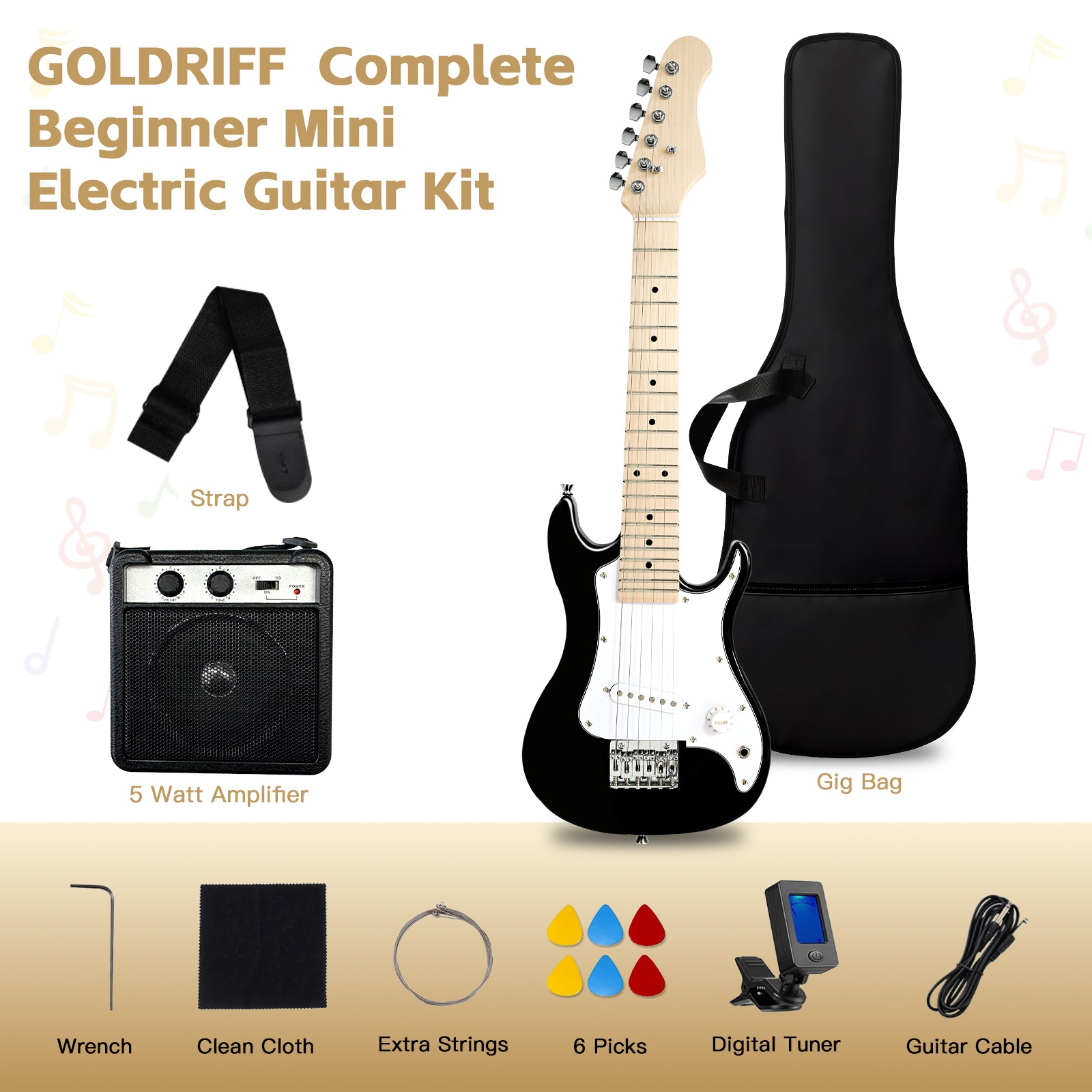 GOLDRIFF complete beginner mini electric guitar kit in black with 5W amplifier, gig bag, digital tuner, strap, 6 picks and extra strings