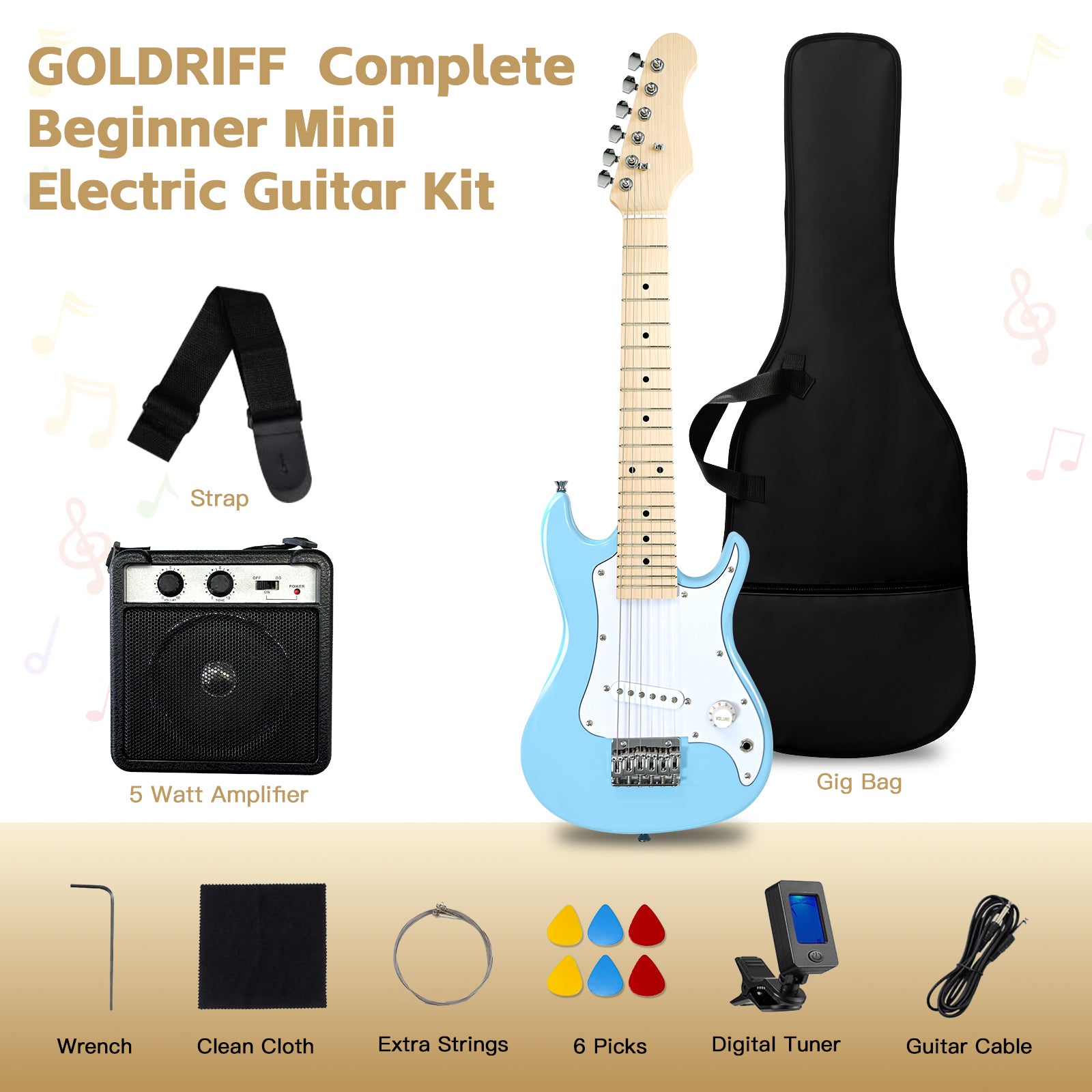 GOLDRIFF complete beginner mini electric guitar kit in blue with 5W amplifier, gig bag, digital tuner, strap, 6 picks and extra strings