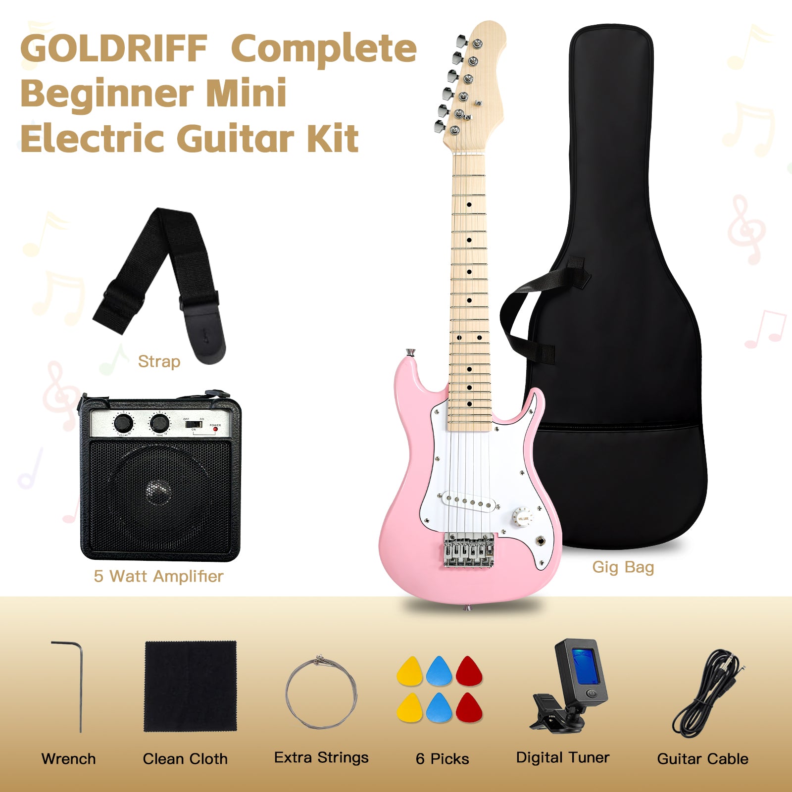 GOLDRIFF complete beginner mini electric guitar kit in pink with 5W amplifier, gig bag, digital tuner, strap, 6 picks and extra strings