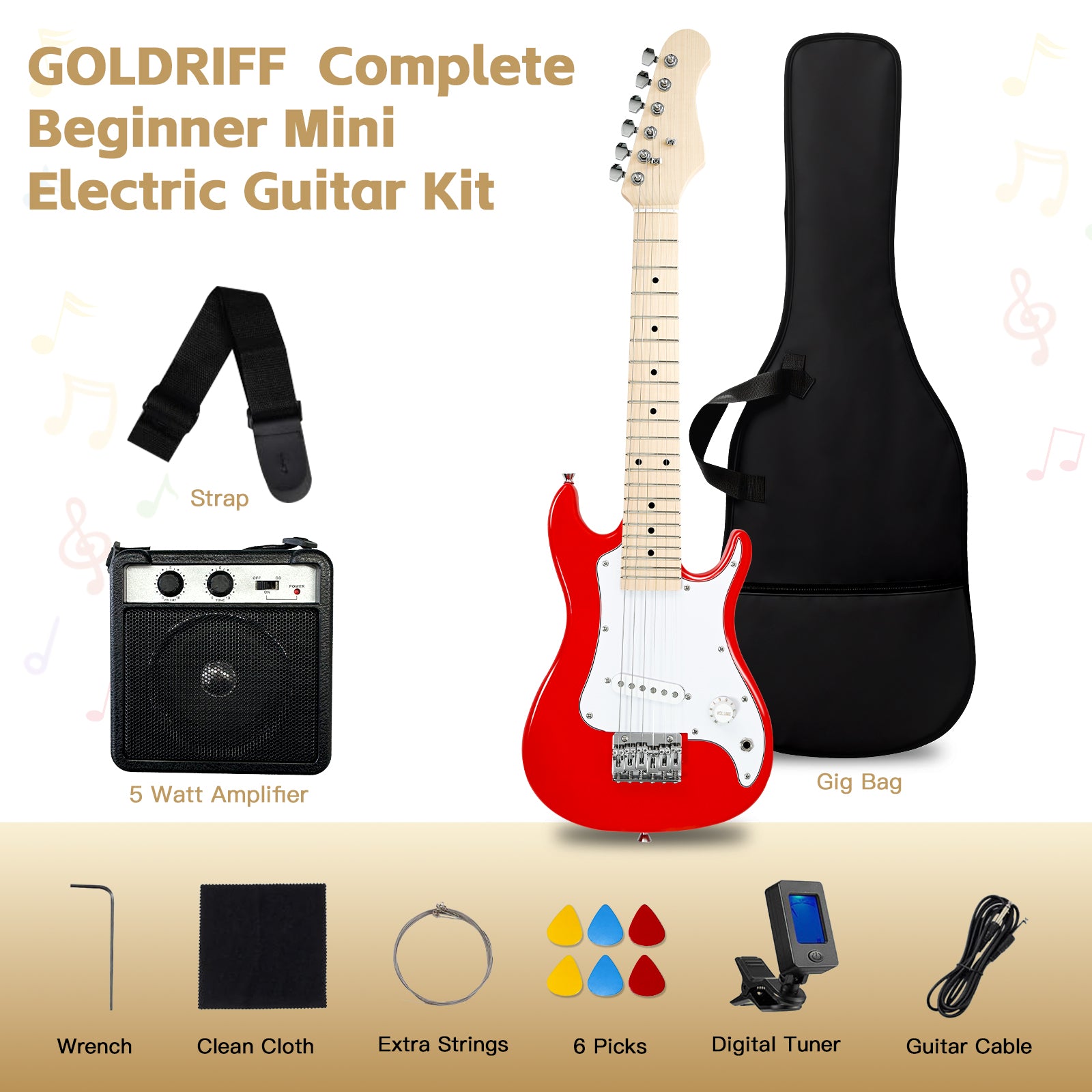 GOLDRIFF complete beginner mini electric guitar kit in red with 5W amplifier, gig bag, digital tuner, strap, 6 picks and extra strings