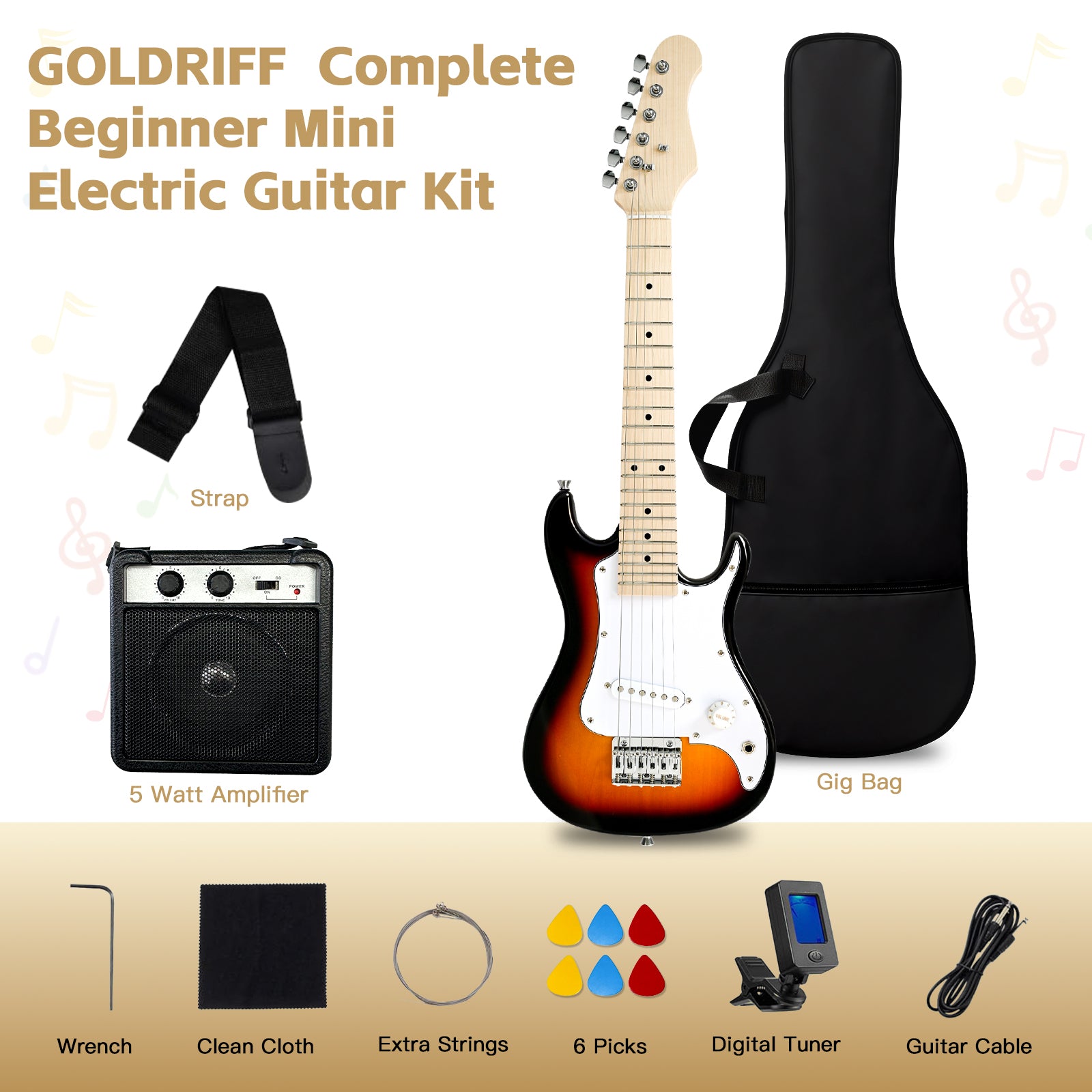 GOLDRIFF complete beginner mini electric guitar kit in sunburst with 5W amplifier, gig bag, digital tuner, strap, 6 picks and extra strings