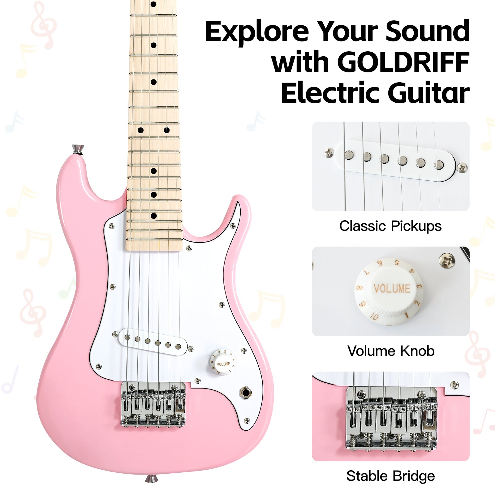 GOLDRIFF 30-inch pink mini electric guitar featuring single-coil classic pickups, volume knob and stable bridge for beginner kids