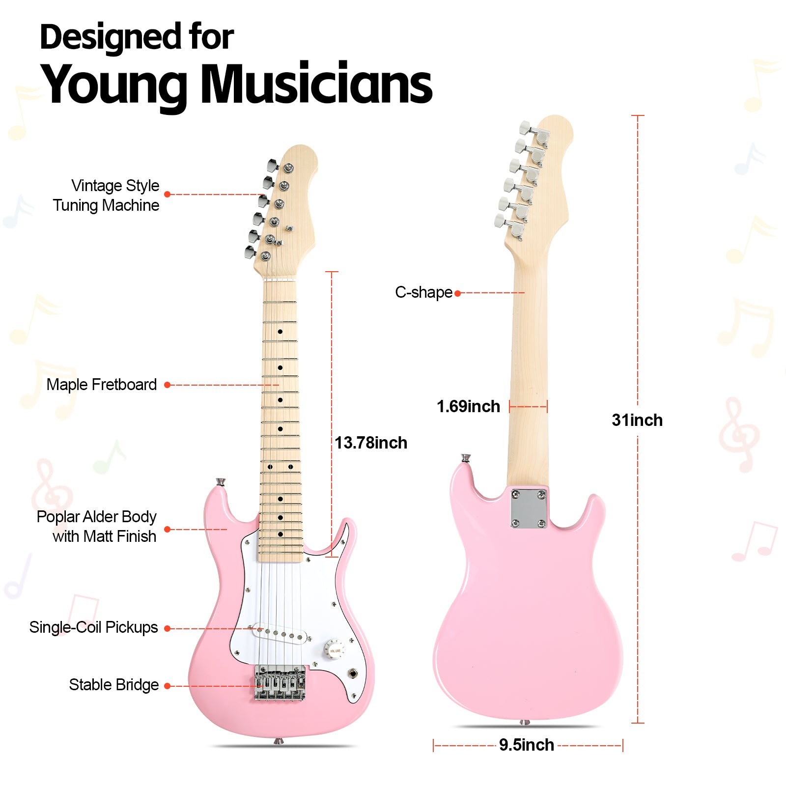 GOLDRIFF 30-inch pink kids electric guitar specs: poplar alder body with matt finish, maple fretboard, single-coil pickups, 31-inch total length