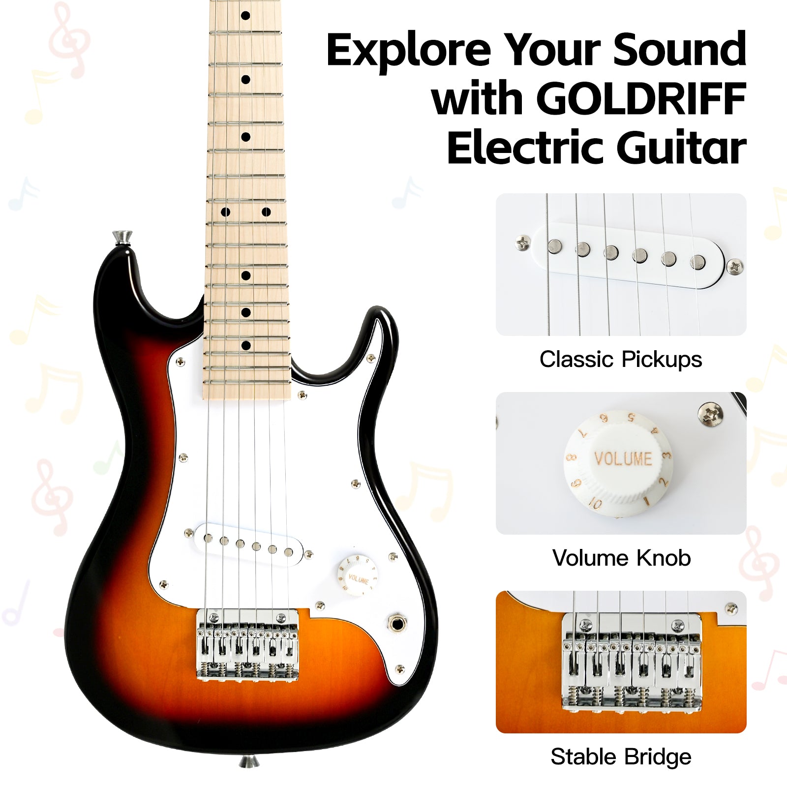 GOLDRIFF 30-inch sunburst mini electric guitar featuring single-coil classic pickups, volume knob and stable bridge for beginner kids