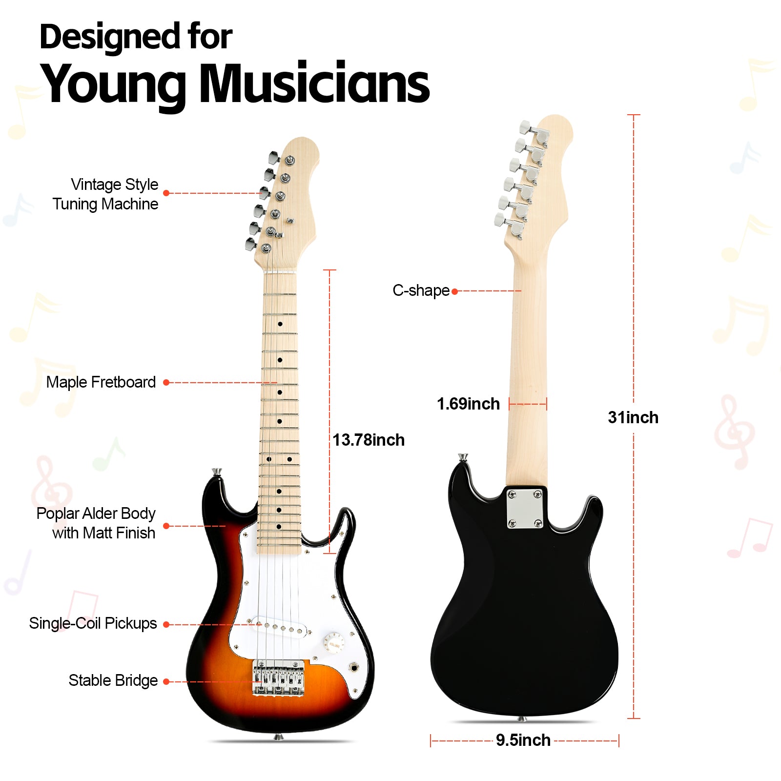 GOLDRIFF 30-inch sunburst kids electric guitar specs: poplar alder body with matt finish, maple fretboard, single-coil pickups, 31-inch total length