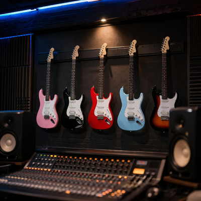 GOLDRIFF 5-Hook Guitar Wall Mount – 48" 3-Board Slatwall System, 270° Adjustable Arms, Holds 5 Guitars