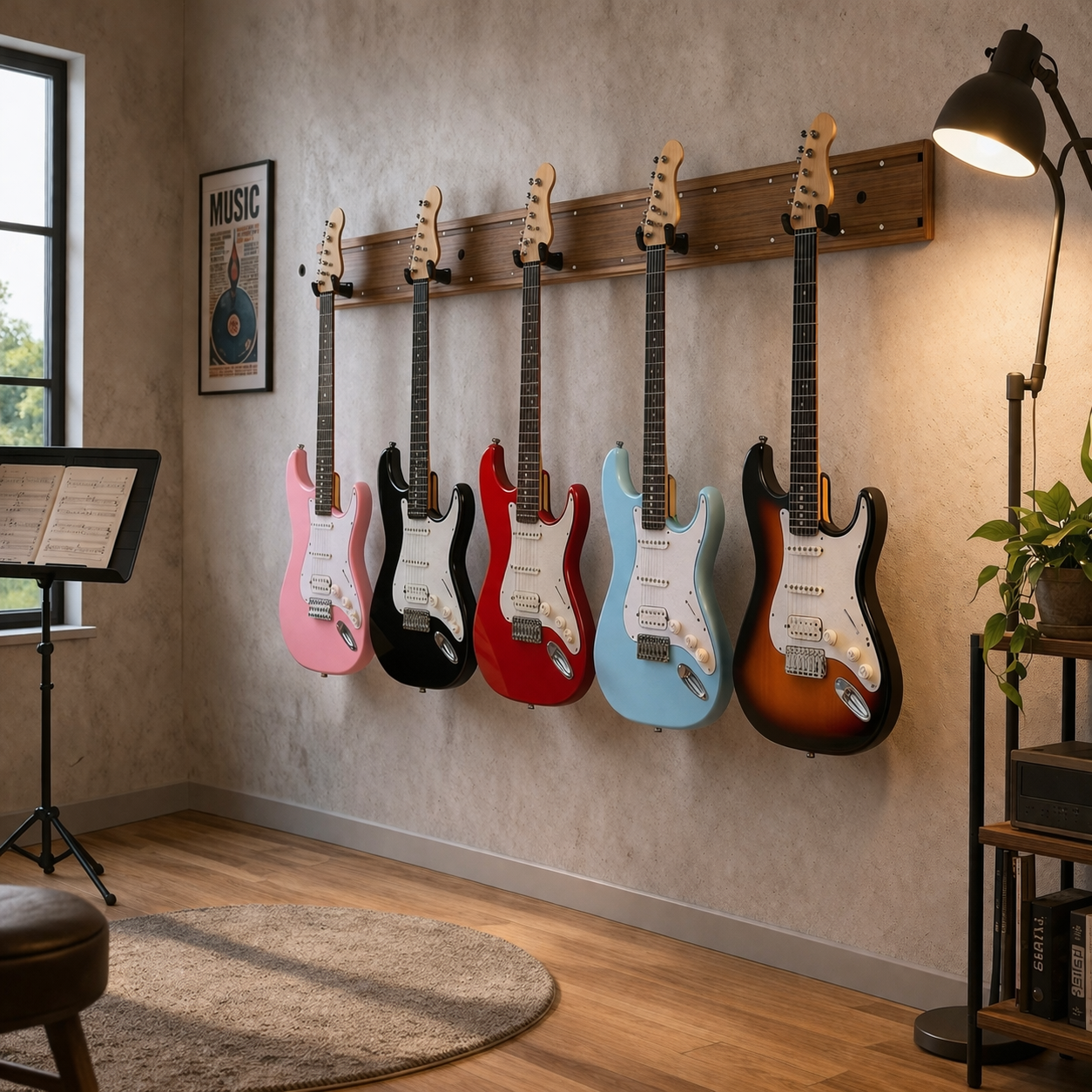 GOLDRIFF 5-Hook Guitar Wall Mount – 48" 3-Board Slatwall System, 270° Adjustable Arms, Holds 5 Guitars