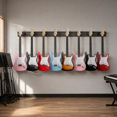 GOLDRIFF 8-Hook Guitar Wall Mount – 81" 5-Board Slatwall System, 270° Adjustable Arms, Holds 8 Guitars