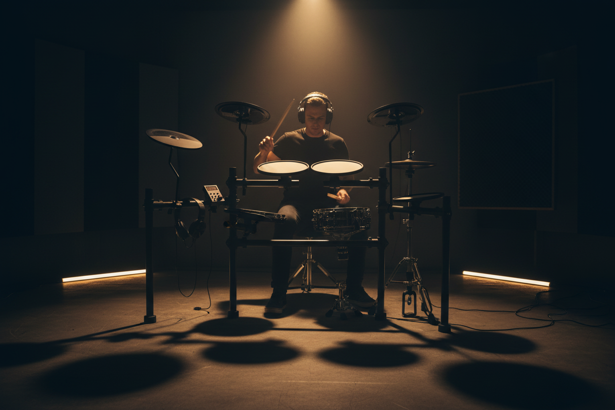 Drummer Playing Electronic Drum Kit