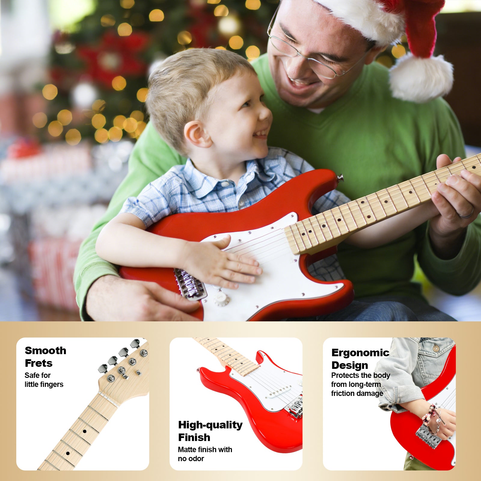 GOLDRIFF 30-inch red kids electric guitar with smooth frets and safe matte finish, designed to protect little fingers during play