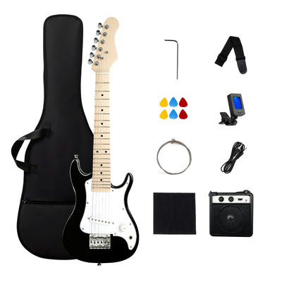 GOLDRIFF 30-inch all-in-one black kids electric guitar beginner kit with gig bag, 5W amp, digital tuner, strap, 6 picks, extra strings and cable