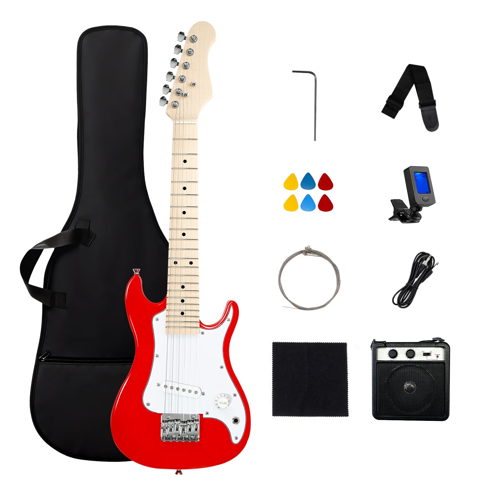 GOLDRIFF 30-inch all-in-one red kids electric guitar beginner kit with gig bag, 5W amp, digital tuner, strap, 6 picks, extra strings and cable