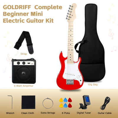 GOLDRIFF complete beginner mini electric guitar kit in red with 5W amplifier, gig bag, digital tuner, strap, 6 picks and extra strings