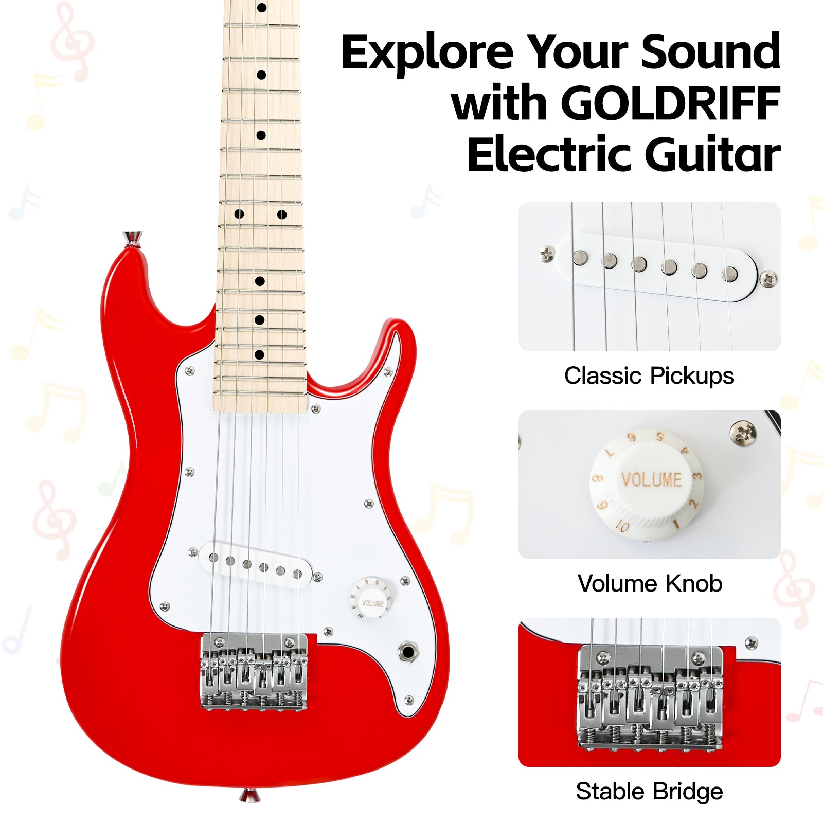 GOLDRIFF 30-inch red mini electric guitar featuring single-coil classic pickups, volume knob and stable bridge for beginner kids