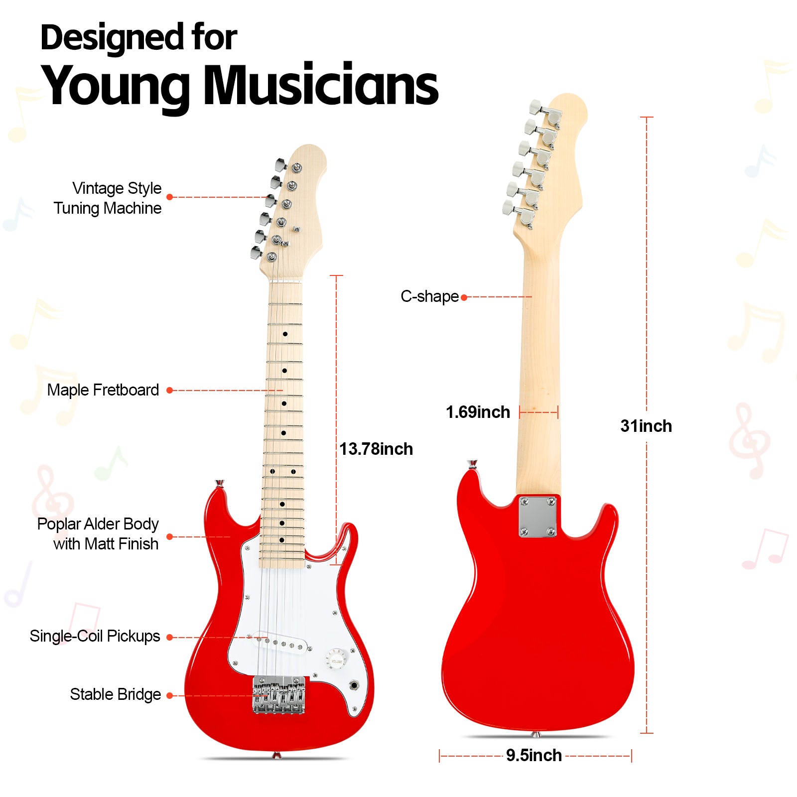 GOLDRIFF 30-inch red kids electric guitar specs: poplar alder body with matt finish, maple fretboard, single-coil pickups, 31-inch total length