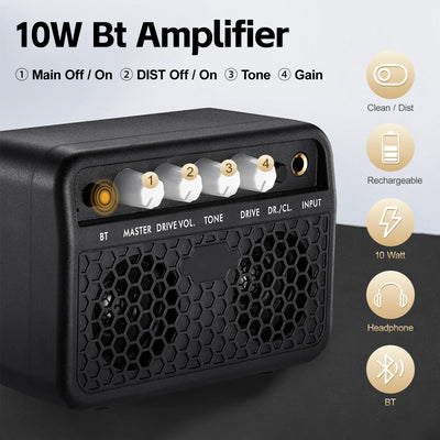 GOLDRIFF 10W BT guitar amplifier with clean/dist switch, tone, gain knobs, rechargeable battery and headphone jack