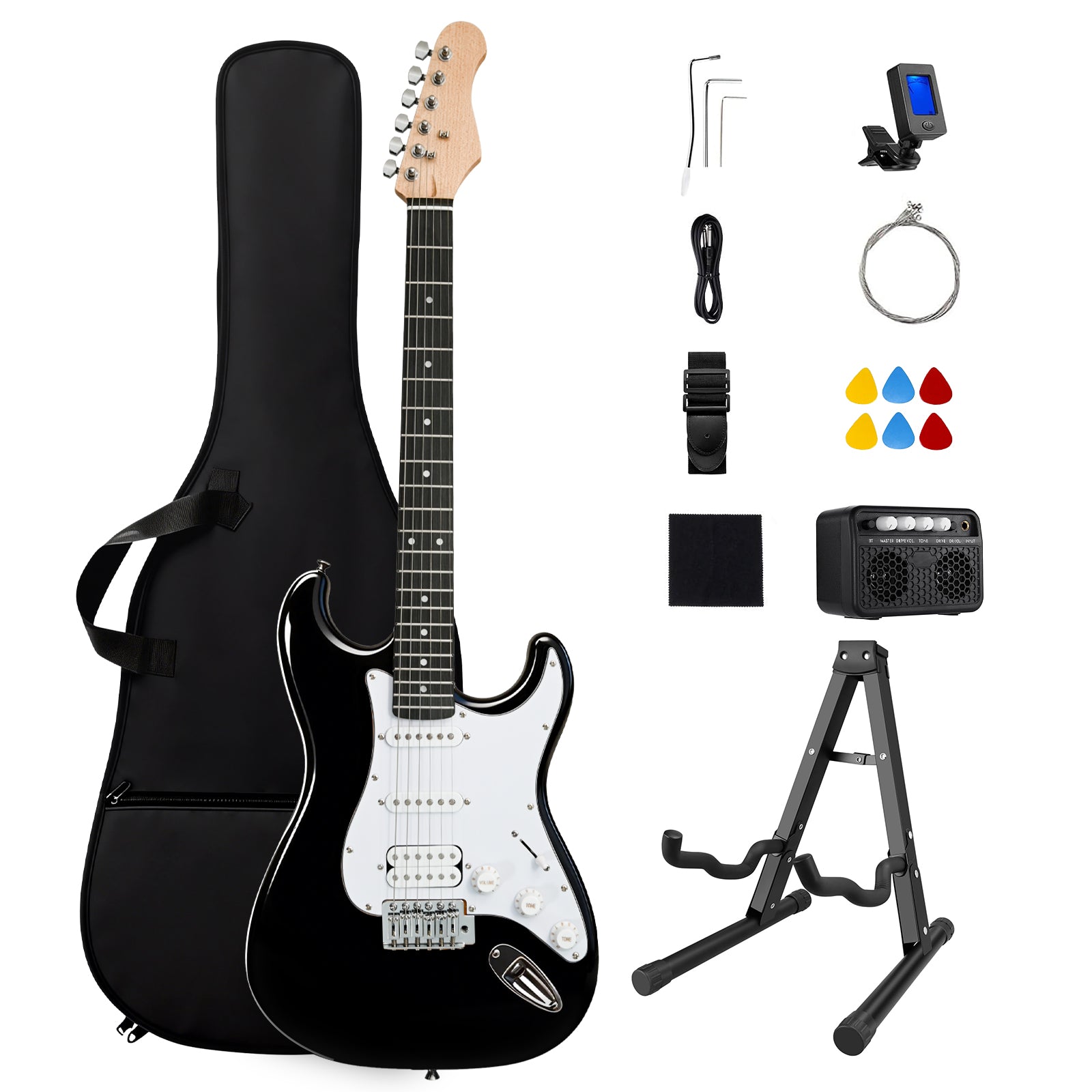 GOLDRIFF 39-inch black electric guitar beginner kit with 10W BT amp, foldable stand, gig bag, tuner, picks and strings