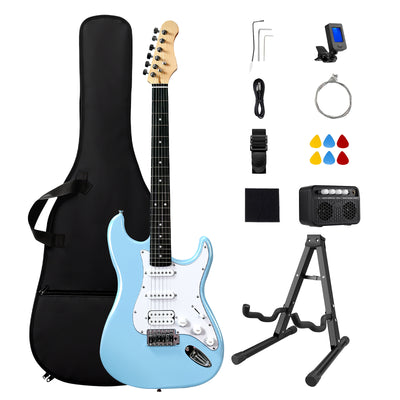 GOLDRIFF 39-inch blue electric guitar beginner kit with 10W BT amp, foldable stand, gig bag, tuner, picks and strings