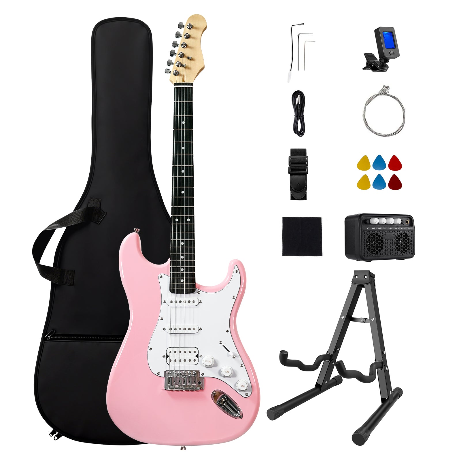 GOLDRIFF 39-inch pink electric guitar beginner kit with 10W BT amp, foldable stand, gig bag, tuner, picks and strings