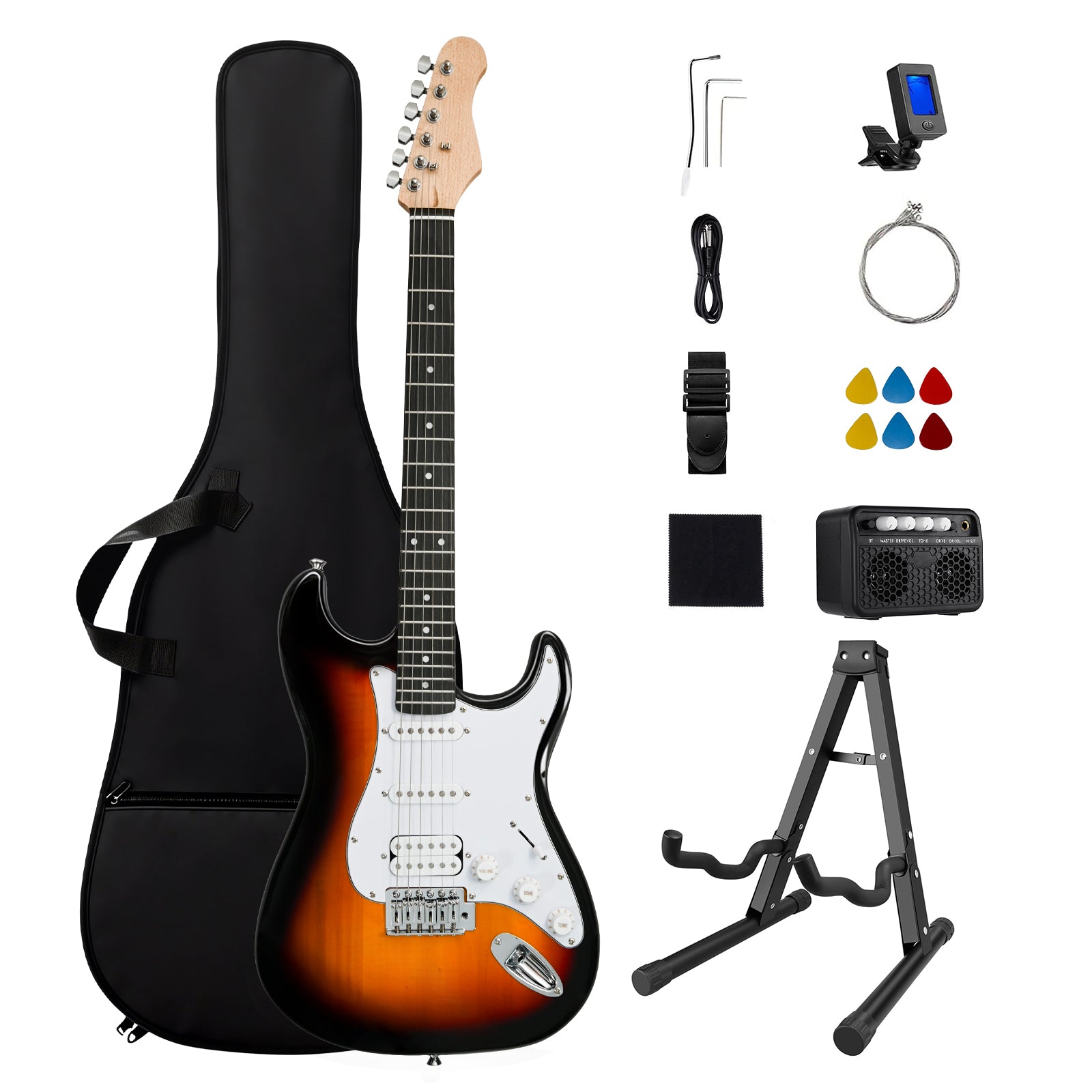 GOLDRIFF 39-inch sunburst electric guitar beginner kit with 10W BT amp, foldable stand, gig bag, tuner, picks and strings
