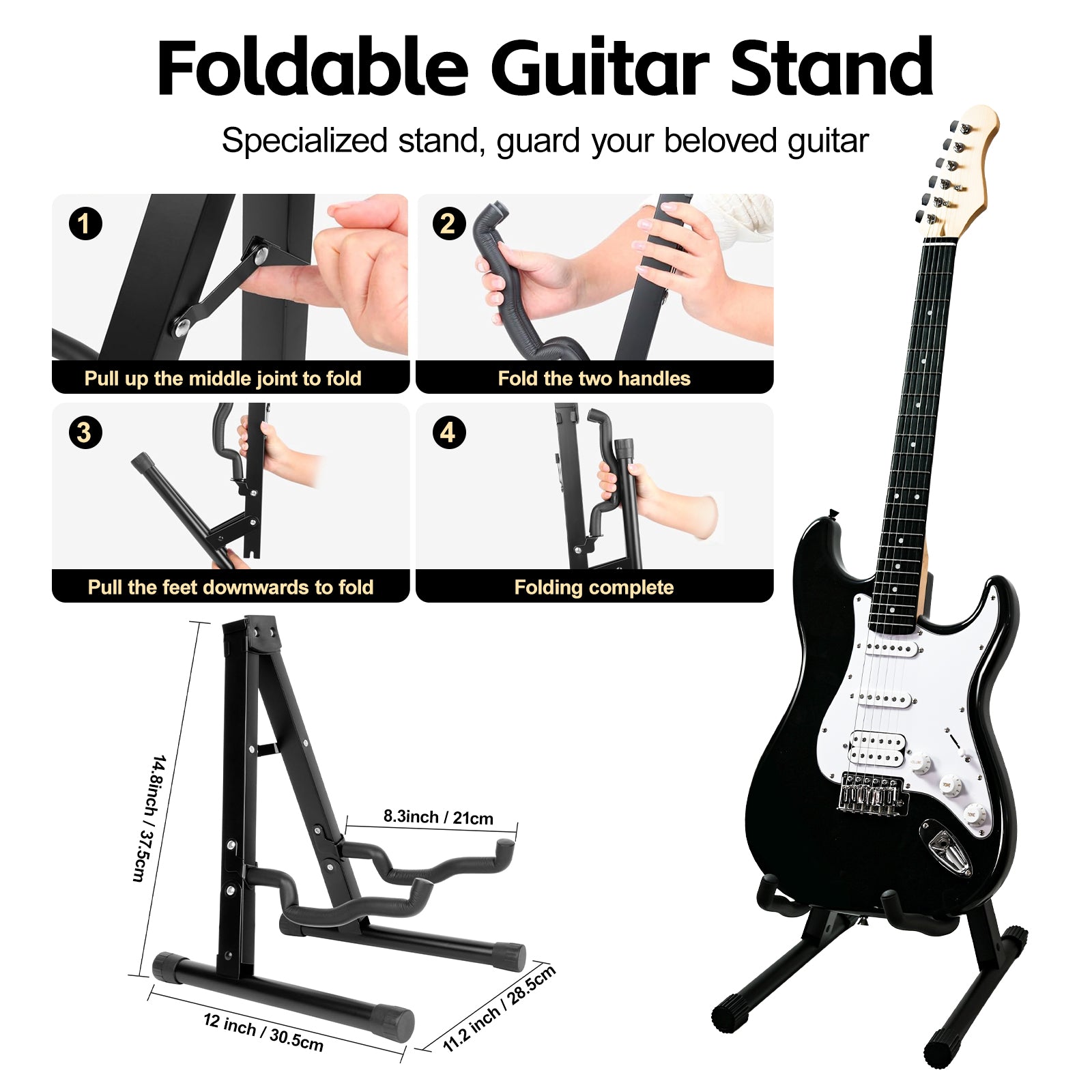 Step-by-step setup guide for GOLDRIFF foldable A-frame guitar stand, shown with black electric guitar#color_black