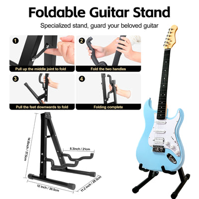 Step-by-step setup guide for GOLDRIFF foldable A-frame guitar stand, shown with blue electric guitar#color_powder-blue