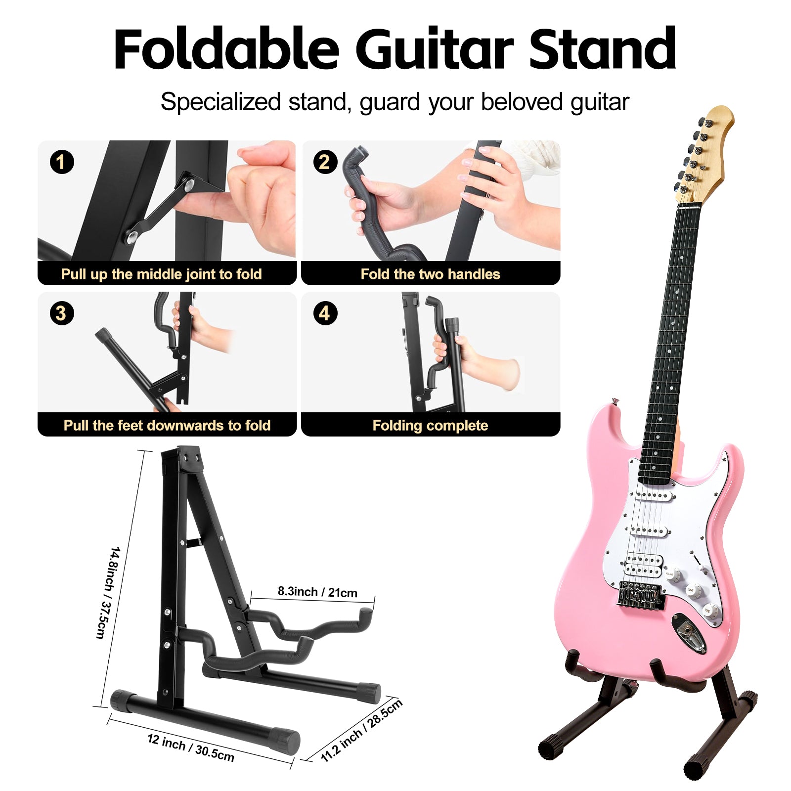 Step-by-step setup guide for GOLDRIFF foldable A-frame guitar stand, shown with pink electric guitar#color_pink