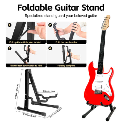 Step-by-step setup guide for GOLDRIFF foldable A-frame guitar stand, shown with red electric guitar#color_red