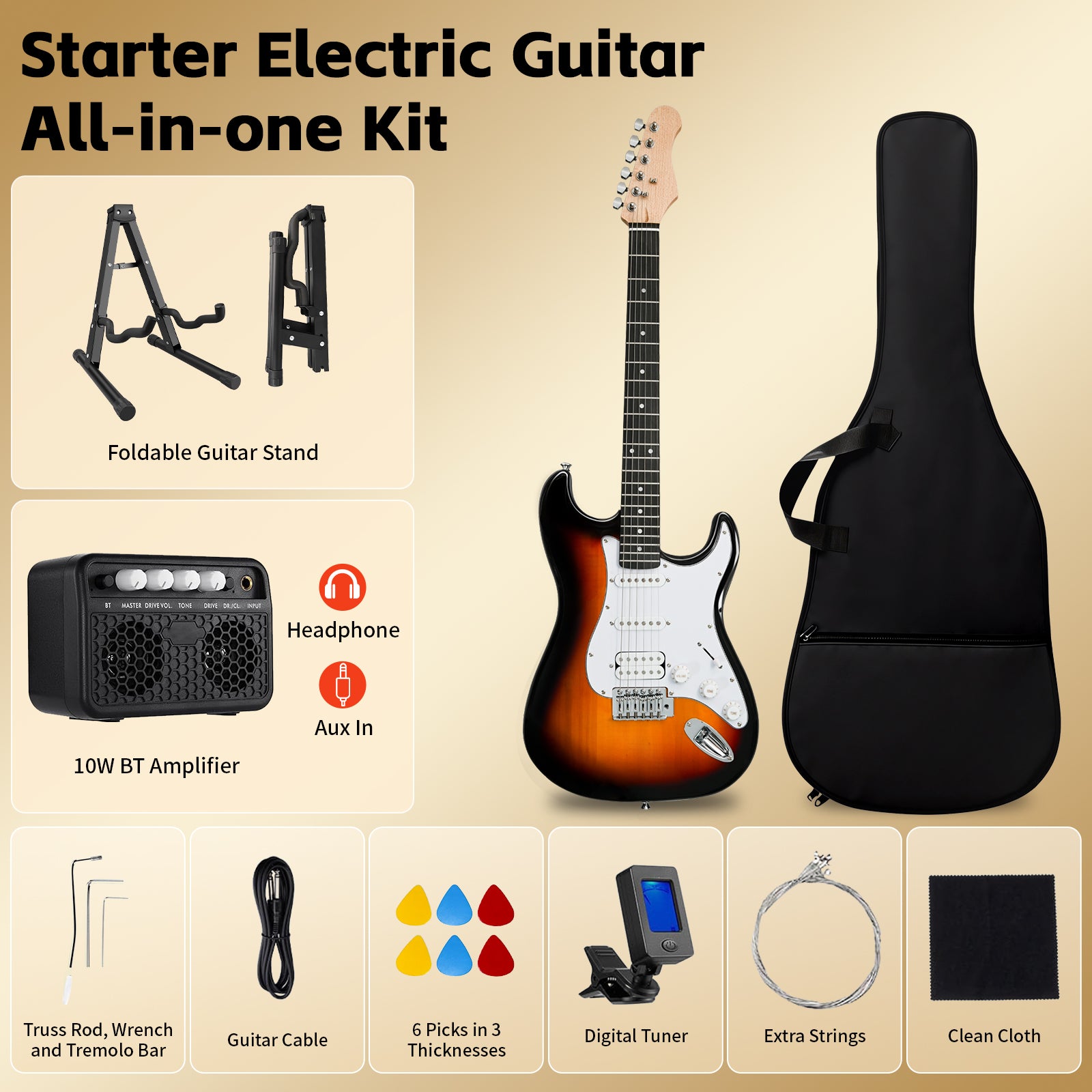 GOLDRIFF all-in-one electric guitar starter kit: sunburst guitar, 10W BT amp, foldable stand, gig bag, tuner, picks, strings