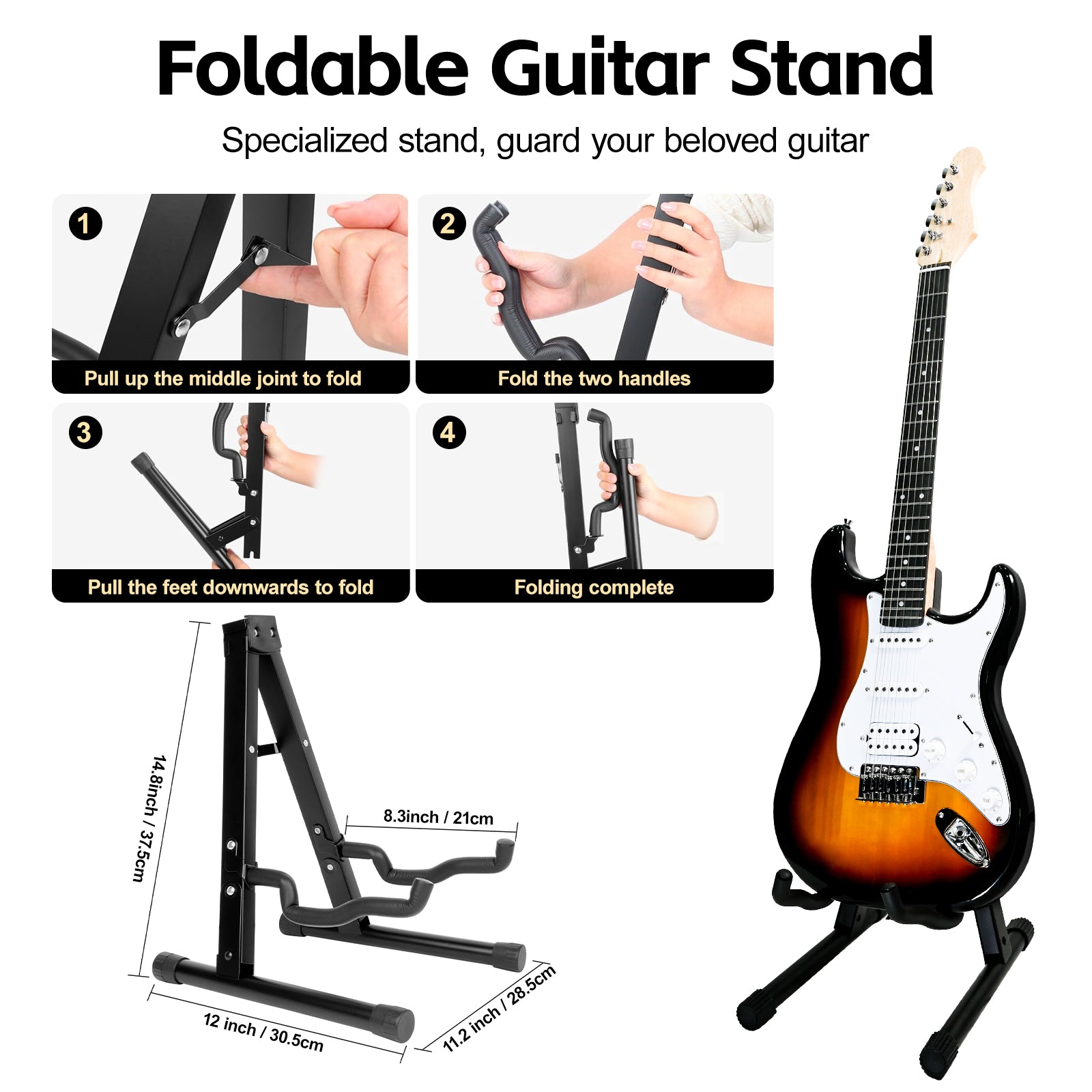 Step-by-step setup guide for GOLDRIFF foldable A-frame guitar stand, shown with sunburst electric guitar
