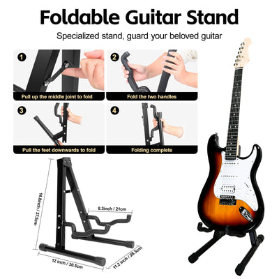 Step-by-step setup guide for GOLDRIFF foldable A-frame guitar stand, shown with sunburst electric guitar