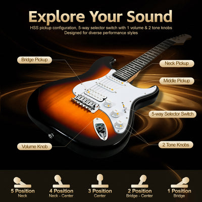 GOLDRIFF sunburst electric guitar HSS pickup diagram showing 5-way selector switch, volume knob and 2 tone knobs